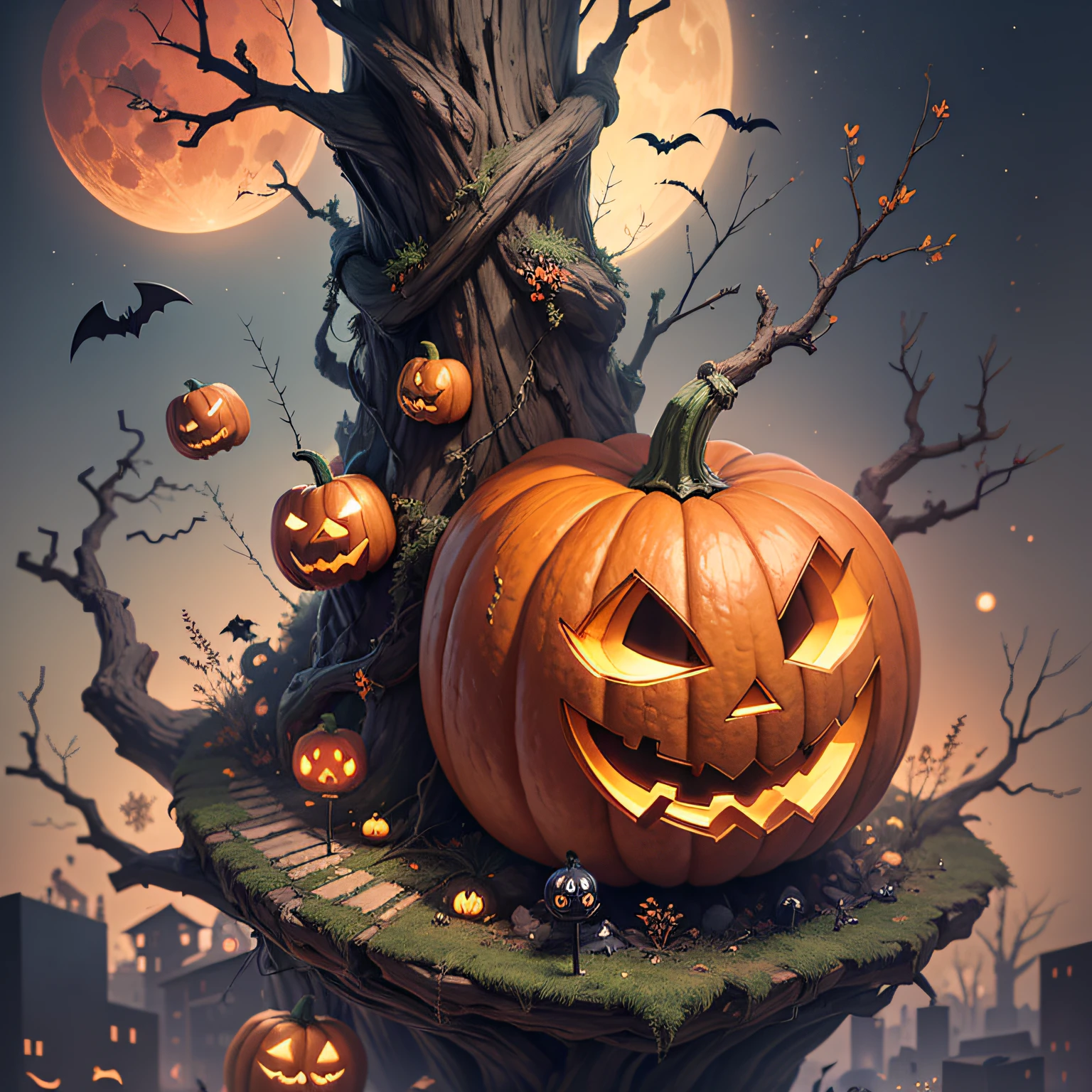 Halloween poster, pumpkin, bat, withered giant branches, red moon, ray tracing, stacked chests