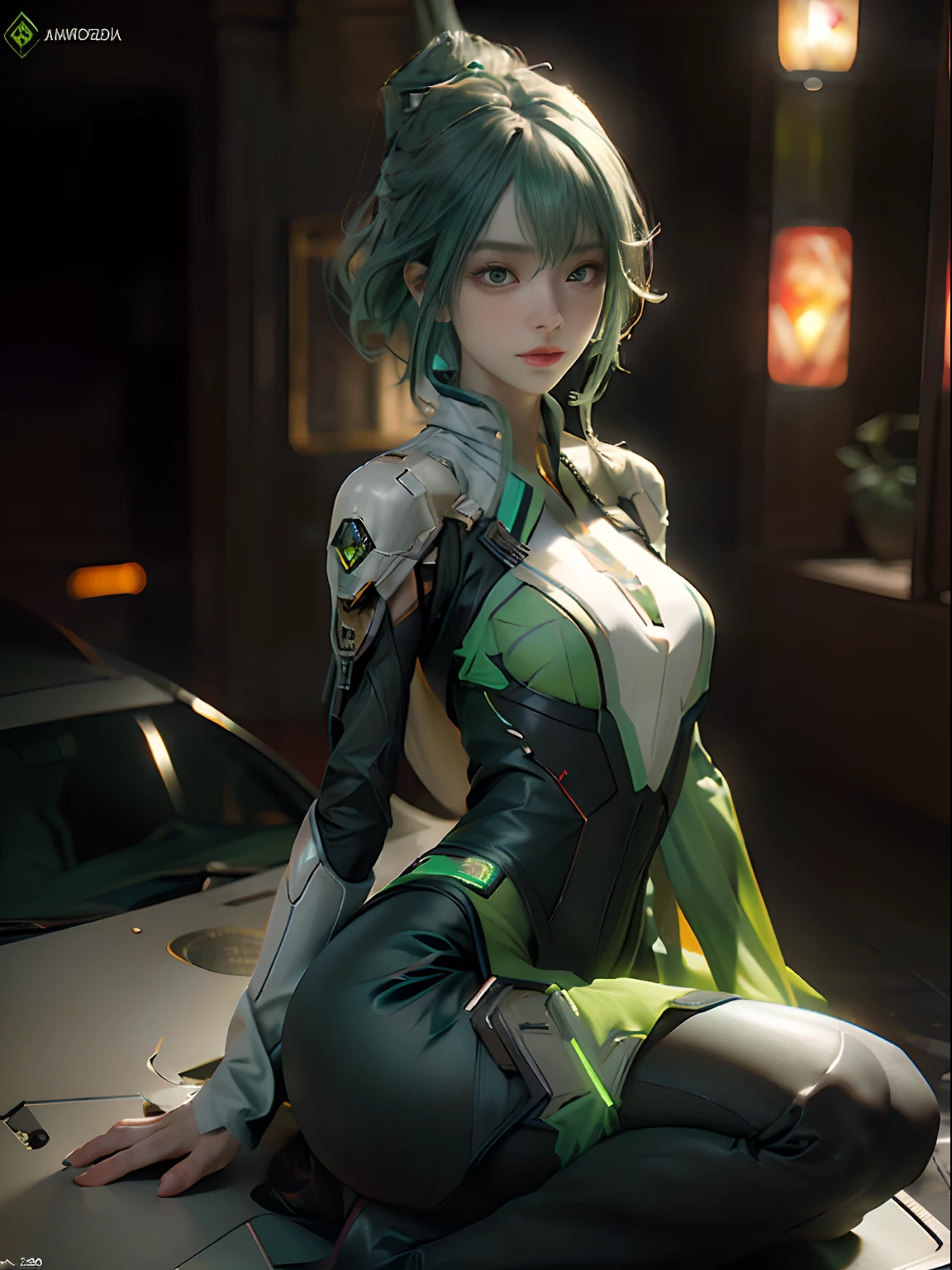 ((Best quality)), ((Masterpiece)), (Detailed: 1.4), 。.3D, Image of a beautiful cyberpunk woman, Green hair, Night metropolis background, hdr (HighDynamicRange),Ray tracing,NVIDIA RTX,Hyper-Resolution,Unreal 5,Subsurface dispersion, PBR Texture, Post-processing, Anisotropic filtering, Depth of field, Maximum clarity and sharpness, Many-Layer Textures, Albedo and specular maps, Surface Coloring, Accurate simulation of light-material interaction,  Perfect proportions, rendering by octane, Two-tone lighting,Wide aperture,Low ISO,White balance,Rule of thirds,8K raw data,