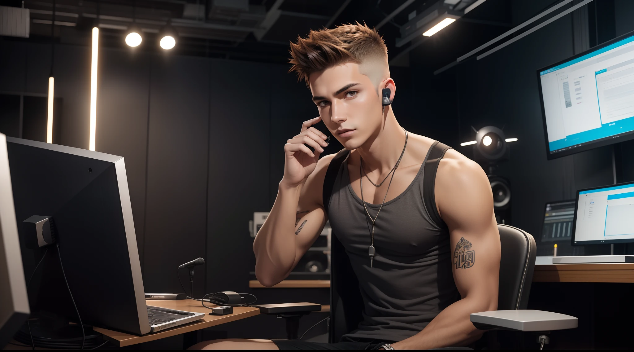 young man name urban legend with short spiky hair in Studio co siting with airphone in ear seeing camera front show full body