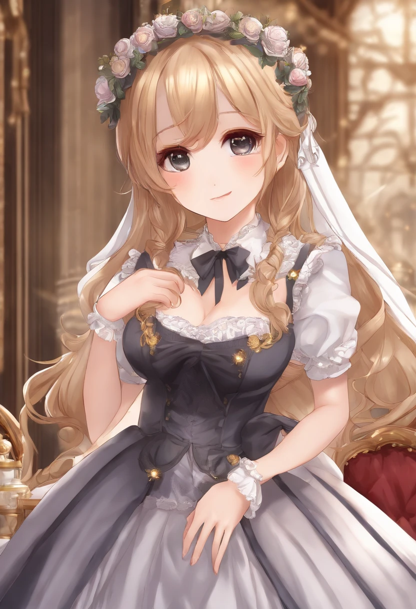 18 year old beautiful girl, big eyes, large breasts, petite and slender, 8K, top quality, (very detailed head: 1.0), (very detailed face: 1.0), (very detailed hair: 1.0), maid clothes, very detailed official artwork, anime moe art style, clean detailed anime art, smile, golden hair, smooth long hair