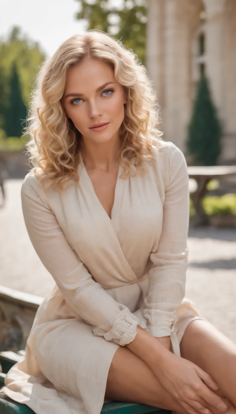 a beautiful blonde woman with curly hair, blue eyes, tanned skin, in summer clothes, on a bench in the parc, full body
