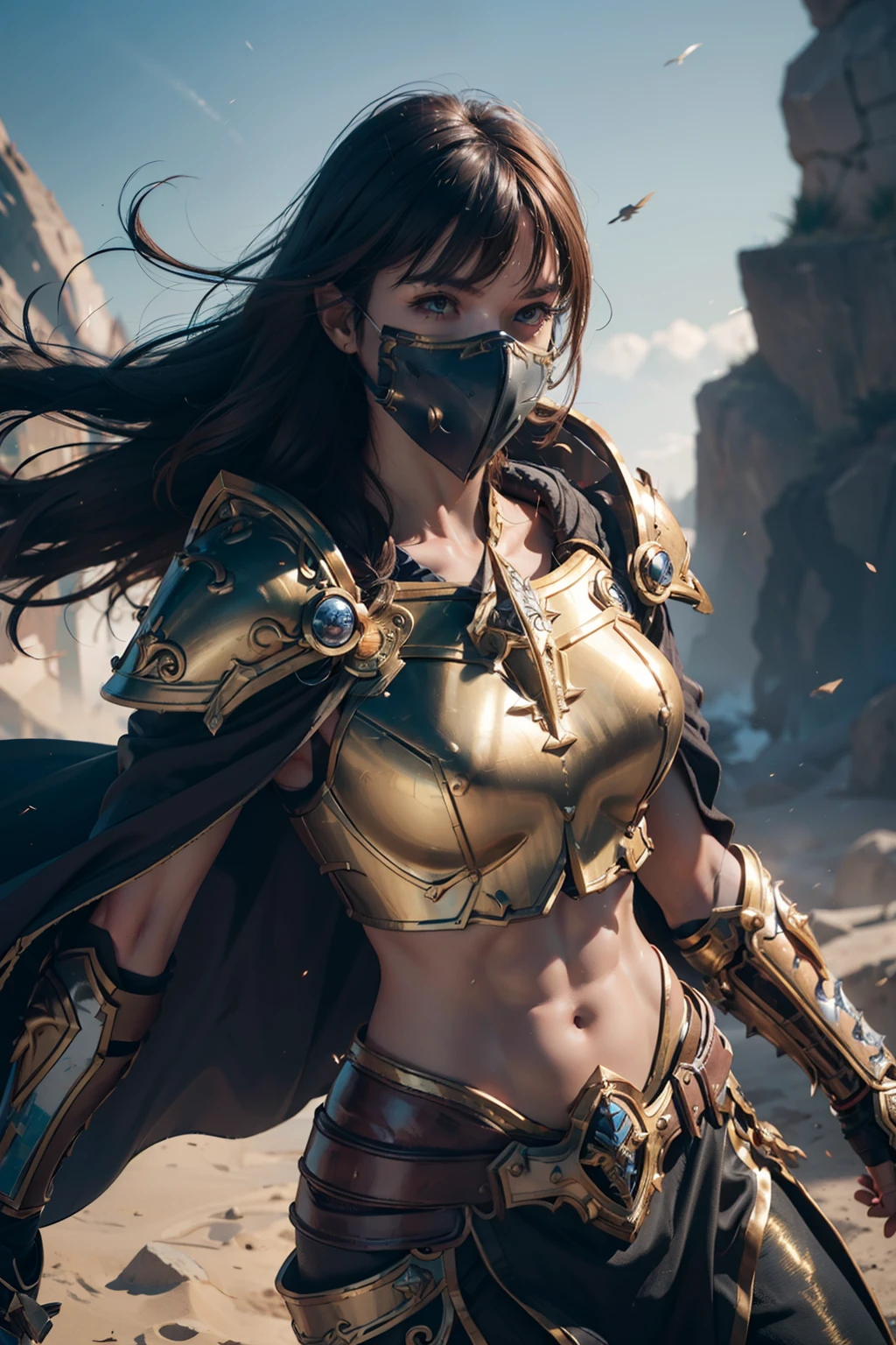 ((Well toned abs)), 8K, Ultra Definition, Mask pieces, of the highest quality, (Very detailed), Dynamic angles, mysterious look, Wind-effect, Fantasy background, Rim lighting, Cinematic lights, Ultra High Resolution, 8K UHD, Film grain, better shadows, Gentle, raw, light Particle, Detailed skin texture, detailed armor texture, Detailed face, Intricate details, super detailed, Bright, Strong, golden armour, (Holding hammer), Slashing, Crushing action, pauldron, Long cape, Fantasy, (Realistic), Shoulder Armor, Convoluted, with an intricate, Perfect Lighting, Watching Viewer, Cinematic lighting, Flying Keywords: Flying, Holy Light, Vibrant, Bangs, Wind, Paladin