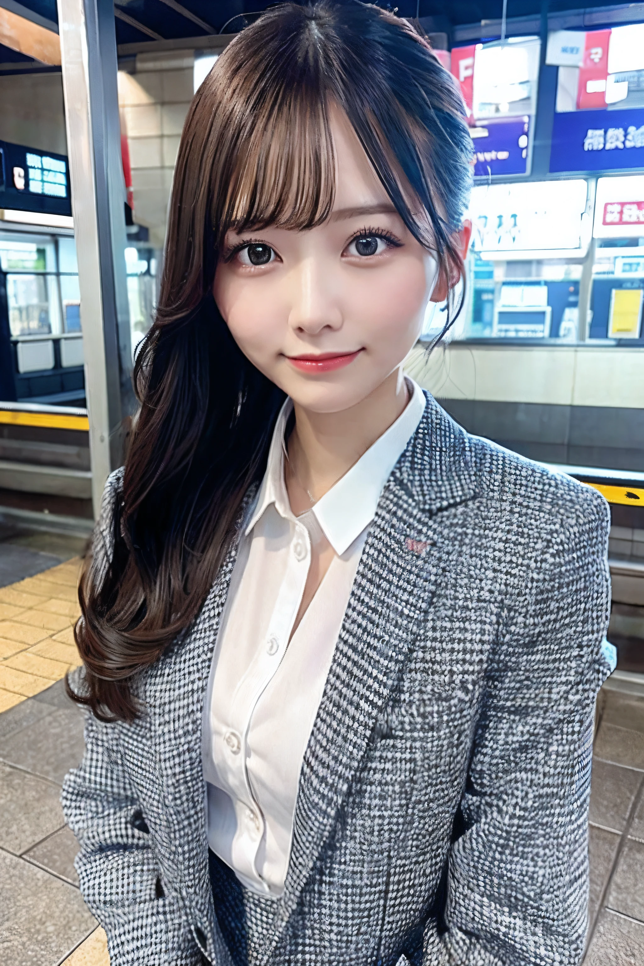 Station platform、Woman in a suit、Best Quality、hight resolution、A detailed face