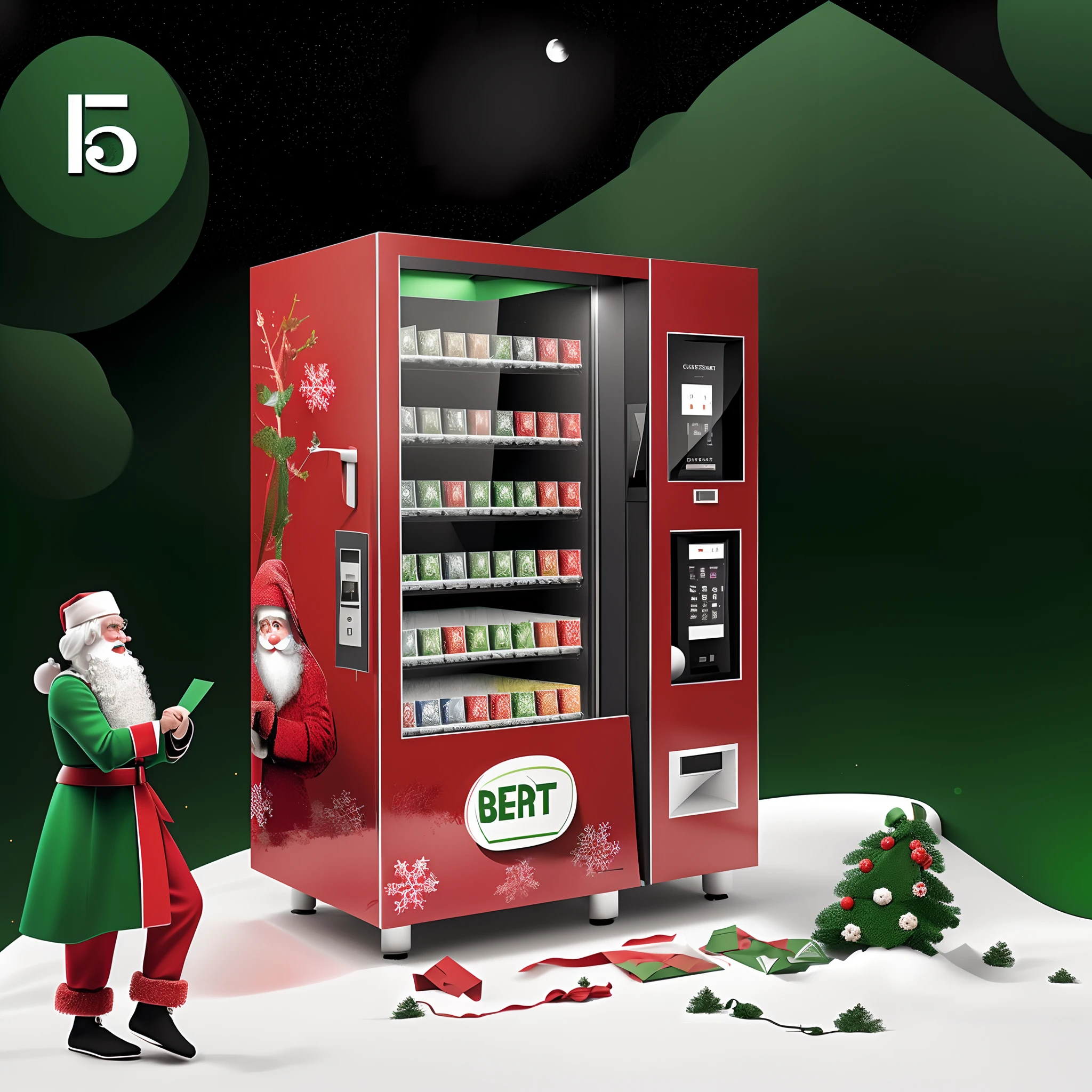 santa,bell,Socks and other Christmas elements,or vending machines related to products such as Christmas, The panel is centered, Official product image,The upper large screen is the advertising screen,The small place that protrudes from the front is the card machine,The body is simple,Literary style design,Reasonable elements with Christmas elements appear on the body, Such as Santa Claus , Other elements,Such as Christmas trees and snowflake gift boxes,Concise elements,Elements such as the sense of design can also be a little more and so on,The whole is mainly light red and green,The color distribution can be 50 each%The elements are more diverse,It may take a little time,Stylistically, You can be a little more festive and cheerful