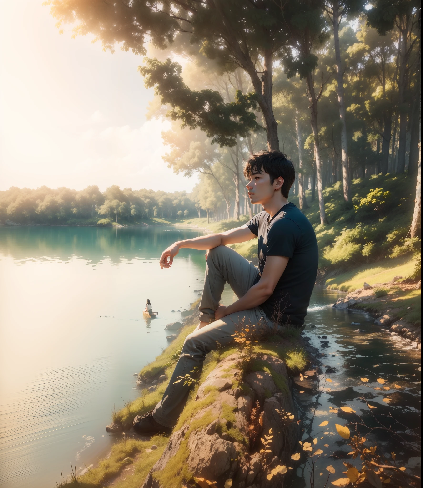 Realistic, facing at a sea, sitting alone,trees in the back , ultra realistic face,