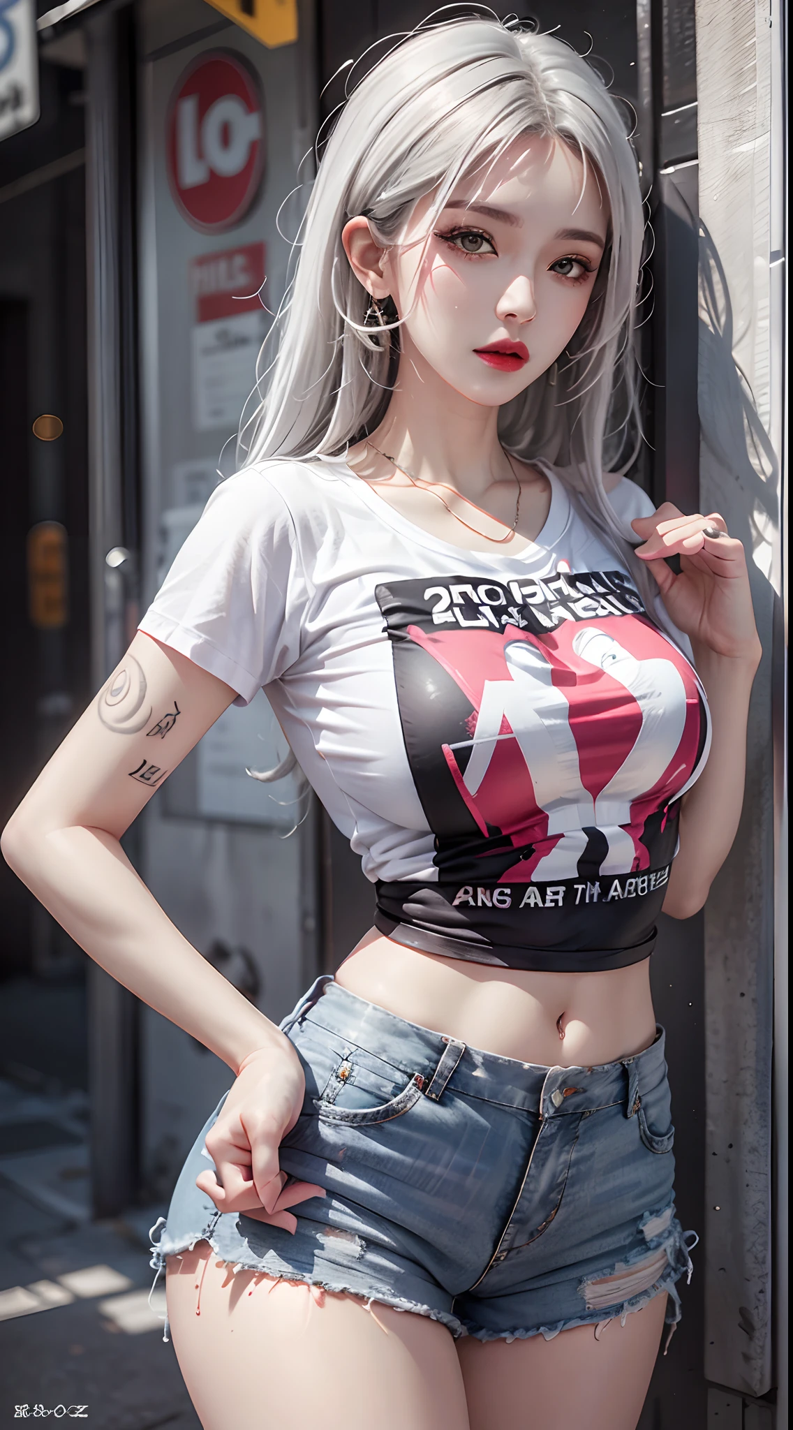 photorealistic, high resolution, 1women, mature female, solo, hips up, jewelry, tattoo, street wear, t-shirt, white hair, shorts, make up, red lips