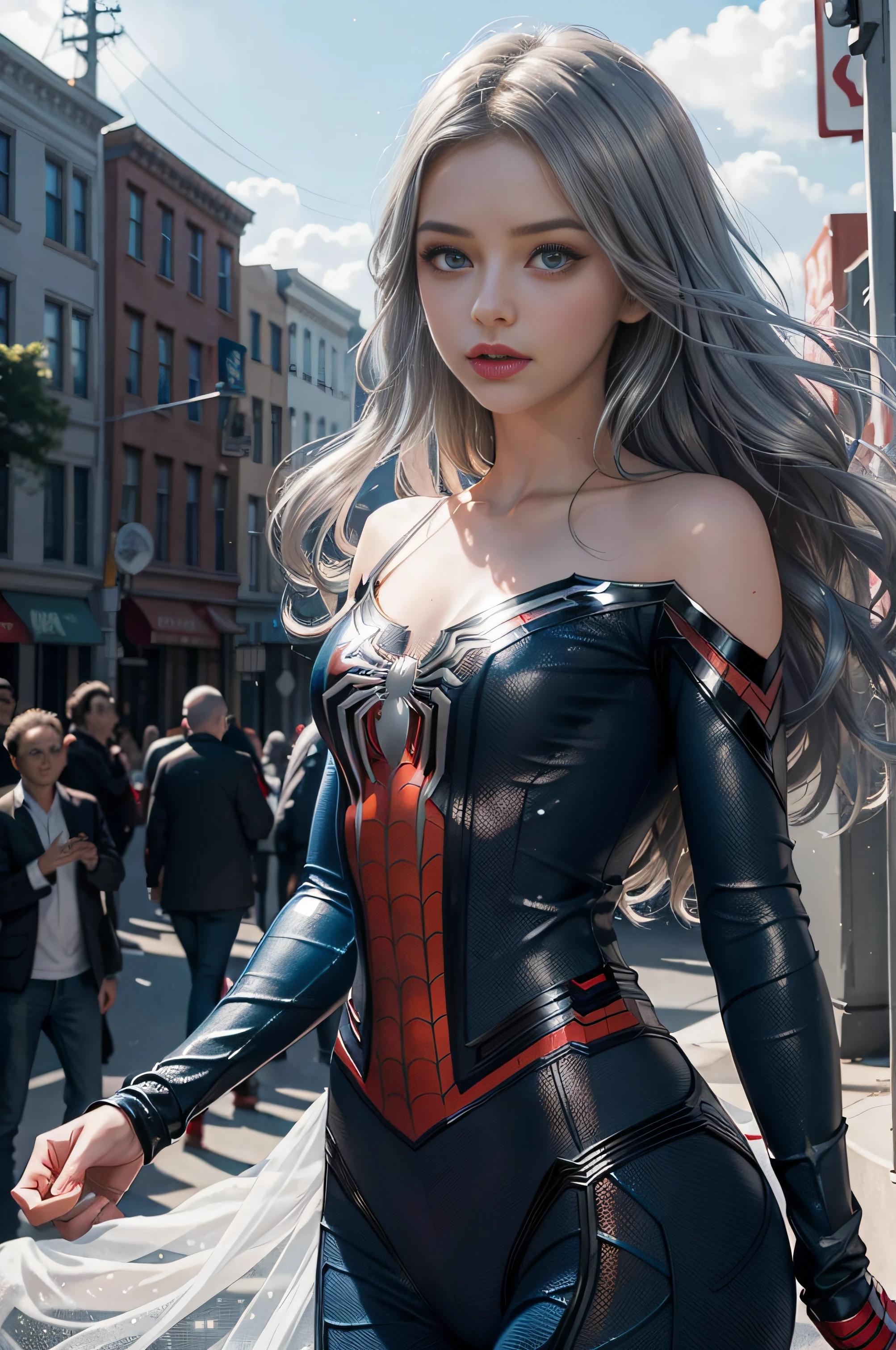 They are two women in red and white costumes talking on cell phones, thigh closeup, uhd candid photo of dirty, Insanely inflated hips, juicy legs, Exposed thighs!!!, a miniskirt, two japanese schoolgirls posing, Bottom Angle, large thighs, Exposed thighs, (​masterpiece, A hyper-realistic, ighly detailed), (White Superhero Theme, Charisma, There's a girl in a Spider-Man costume over town, She's a superhero)、 [((25-years old)、(Long grey hair:1.2)、full body Esbian、(blue eyess:1.2)、((Spider-Man pose)、show of strength、Jump from one building to another)、((Sandy urban environment):0.8)|(A city scape、natta、Dinamic Light)、(fullmoon)]#illustrate:Prompts are mainly ultra high definition、very real、Describes highly detailed 4K paintings。A superheroine in a Spider-Man costume is depicted at the top of the city。The theme of the picture is white superhero theme、The female protagonist has long white hair and、At the age of 25、Her whole body is shown in the painting。In terms of depicting the actions of superheroines、Spiders are employed, Cyberpunk characters, A masterpiece of quality, top-quality, Final Art, Aesthetic beauty: 1.5, detailed art, Colorful abstract background, girl with, Hair color, pinkish white, long and silvery,,,,,, Neon light blue eyes.