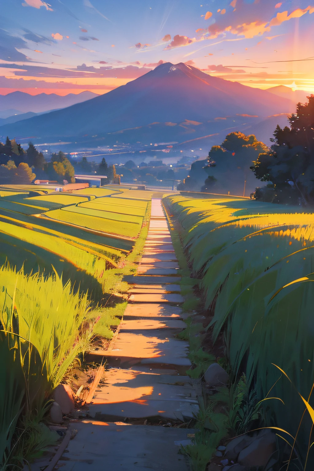 mountain road, rice field at the left and right side road, mountain view, beautiful sunset sky