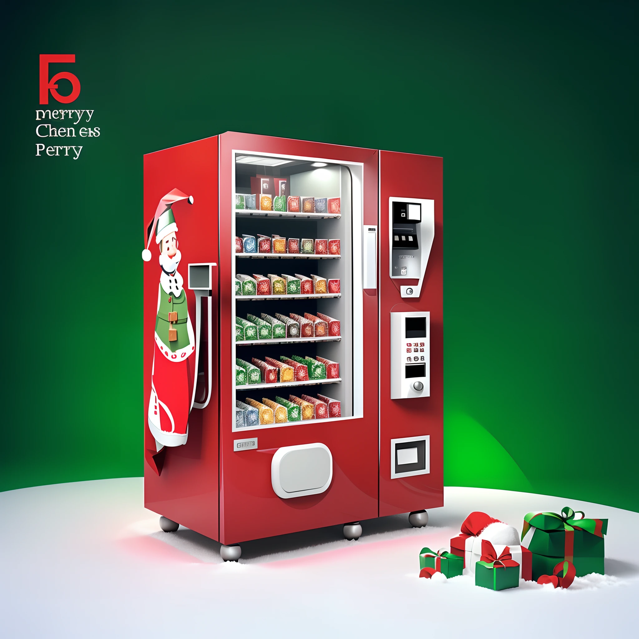 santa,bell,Socks and other Christmas elements,or vending machines related to products such as Christmas, The panel is centered, Official product image,The upper large screen is the advertising screen,The small place that protrudes from the front is the card machine,The body is simple,Literary style design,Reasonable elements with Christmas elements appear on the body, Such as Santa Claus , Christmas tree and snowflake other elements,Concise elements,Elements such as the sense of design can also be a little more and so on,The whole is mainly light red and green,The color distribution can be 50 each%The elements are more diverse,It may take a little time,Stylistically, You can be a little more festive and cheerful