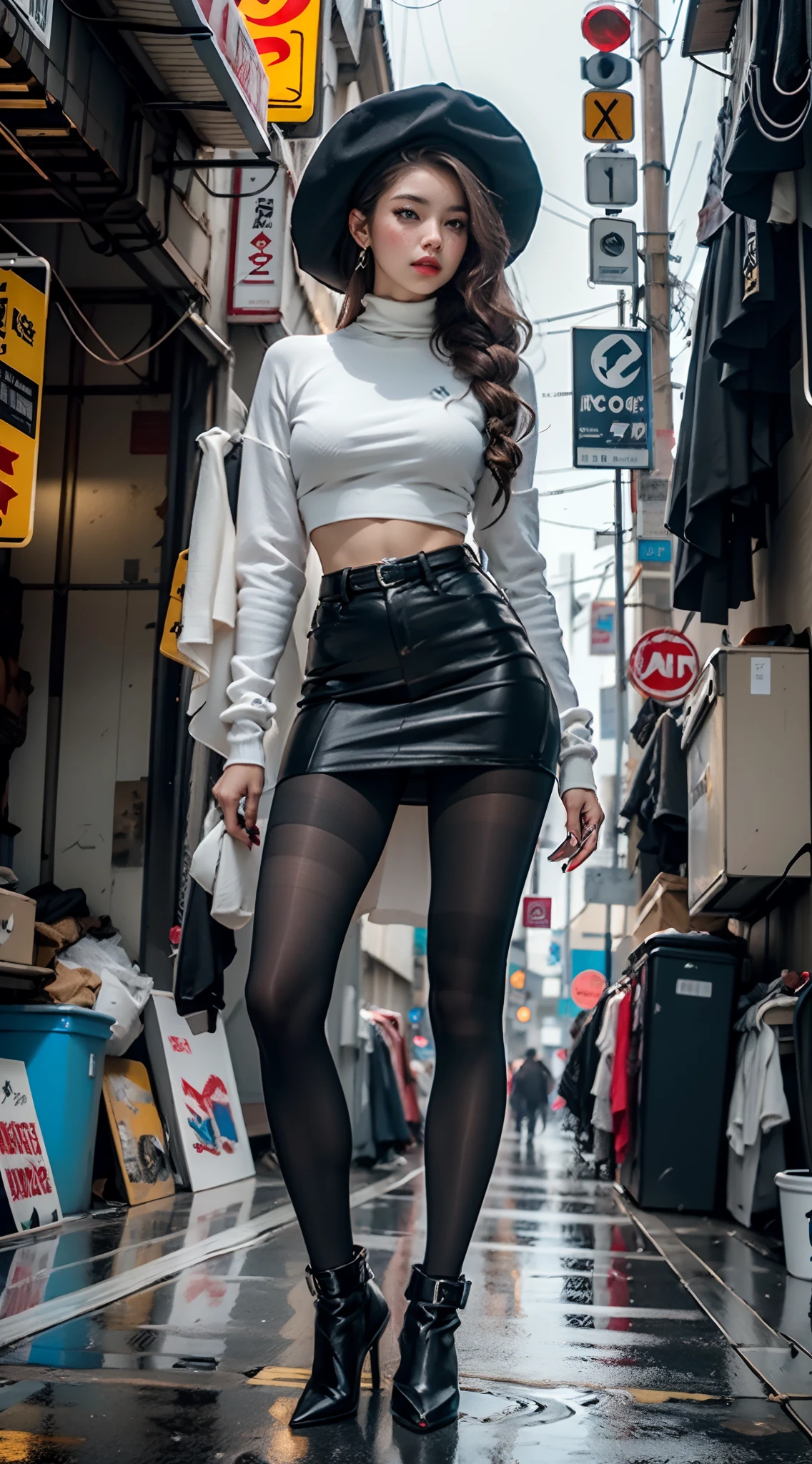 Motor irreal:1.4,CG ultra realista 64K, fotorrealista:1.4, textura da pele:1.4, obra prima:1.4,Beautiful woman with long hair hat、Roupas curtas amarelas estilo cyberpunk, Red pantyhose , mini saia azul,