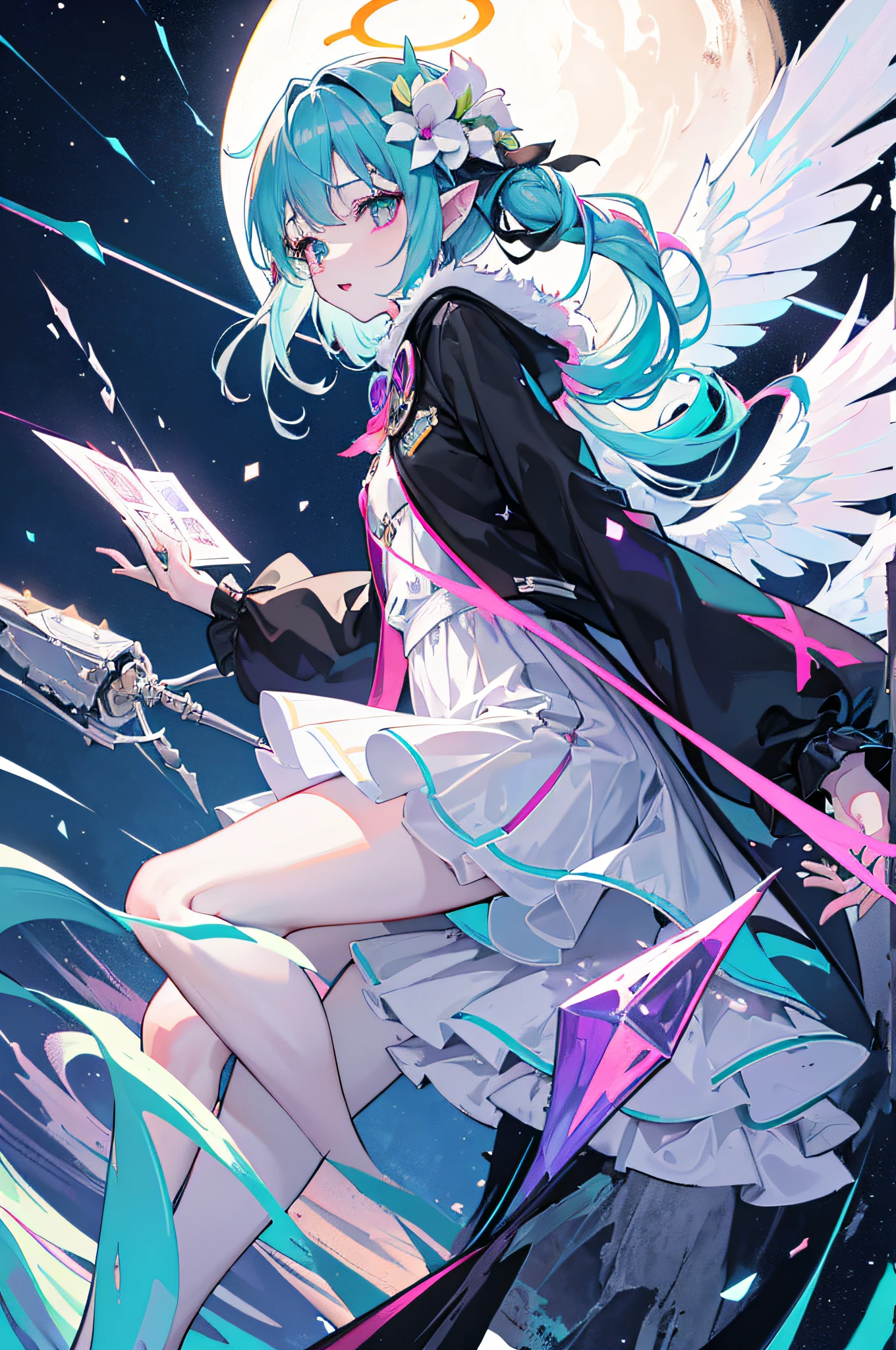 (Highest picture quality),(Master's work),(Ultra-detailed),(Detailed eye description:1.0),(Lens flare:1.0),(Movie poster:1.0),(Tarot border:1.0),The portrait is centered,(Close-up:1.0),(nagative space:0.8),(Negative space:1.6),(Solo),(Float colorful {Wind|Water magic|ink|crystals|Ice|Fire|Flame|Lightning|web|Rocks|Sand|Particle|spark of light|Blood}:1.0),(Many are colorful {Soap bubbles|Clouds|Thorns|Spikes|vines|Electric currents|spirals|barely|Wings|tatoos|cubes|octahedron}:1.0),(Floating {Red|Green|Blue|Aqua|purple|Yellow|black|White|Grey|Pink|Orange|Lime} {Ribbons|feater|Particle|blades|droplets|snowflower|Soft balls}:1.0),({crystal|Ice|Fire|Flame|Wind|water|earth|stone|space|musical|Sonic|vortex} {magic|Wings}:1.0), ({Ray tracing,Glowing|Dappled sunlight,Light rays,Caustics|Night,Black Themes|mysterious,eerie|easygoing,Pastel}:1.2), ({Colorful|glitters|Multicolored}:1.0),(beautiful detailed glow:1.0),({Leaning forward|Leaning back|leaning to the side|}:1.2),{(Smile:1.0)|(fake smile:1.0)|(Grim expression:1.0)},({small|small||Lips,eyeslashes}:1.0),{(Open mouth:1.0)|(Closed mouth:1.0)|},({eyeslashes|eye shadows||}),{One eye closed|||},({Red|Green|Blue|Aqua|purple|Yellow|black|White|Grey|Pink|Orange|Lime} Hair:1.4),({short|Long|mediating} Hair:1.0),({From below|From above|From the side Side|From behind|facingviewer}:1.3),(Halo:1.3),(Head tilt:1.0),(Dynamic pose:1.1),(Asymmetrical hair:1.2),({Red|Green|Blue|Aqua|purple|Yellow|black|White|Grey|Pink|Orange|Lime} {Armor|dress|Collared shirt|suit|Outfit}:1.0),({formal|Military|techwear outfits|Urban style|Casual,Casual clothes|fantasy,magister|feral,tribe|Sci-fi,Futuristic}),({plaid skirts|Layered skirt|Fluffy dresses|Tights|Pants|Shorts}),({Red|Green|Blue|Aqua|purple|Yellow|black|White|Grey|Pink|Orange|Lime} {Eyes|Eyes|pupils}:1.4),{(Forehead:1.5),Asymmetrical bangs|diagonal bangs|hair between eye|Blunt bangs|sweeping bangs},{one eye covered|pony tails|high twintail|||},{Straight hair|Wavy hair|Drill hair||},{Long jacket|blazer jacket|Cloak|Sweater|tie||},{(floating cape:1.0),|}({Fox ears, Fox girl|Vampire, Bat wings|Pointy ears,(elf:0.5)||}:1.1),({abstract backgrounds|City,skyscraper|forest,sonoko|Castle|Shrine|Cave,Underground|marshes|Lake|winter|Alien planet|}:1.4),({Indoors,inside|Outdoors,outside}:1.1),{2$$Witch hat|Straw hat|crown|head gear|eye glass|Glasses|Auditory gear|hair flower|Hairpins hair pins|Hair accessories hair bow|||},({Sitting|Flying|Jumps|laying|standing|standing on one leg}:1.1),({Colored skin|White skin|Blue skin|Pale skin|Conque|Shiny skin|Dark skin||}:1.1),({full bodyesbian|Upper body|Portrait|}:1.25),{Fang, skin fang|Tongue stock|scowling|bite lips|Thinking|||||}, {Empty eyes| pupils in symbol shapes, Heart-shaped pupils| Pupil of the slit, + +|||||}