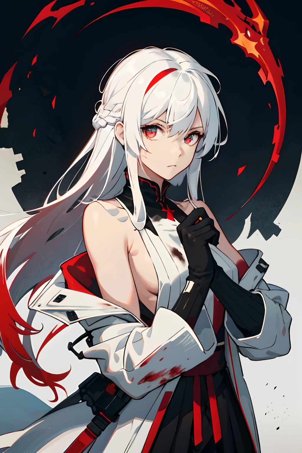 masterpice, (Best quality), ((best detail)), Depth of field, sfv, A beautiful girl, white color hair, long whitr hair, hair straight,red color eyes,black undersuit, Shoulders exposed,Thick black gloves ,Naked face, darkly,blood-stained,apathy,looking at viewert,expressiveless,The hand holds the black hilt,Dynamic pose,,,head bowed slightly,upperbody closeup,low-saturation,bare shoulders,Bare arms,Bare topless,White storm jacket,arknights,Functional wind,Armageddon,Wasteland,Dragon's horn,sport,Red black theme,