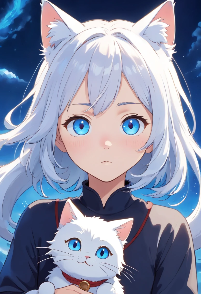 A cartoon cat with blue eyes，White hair，cute-style