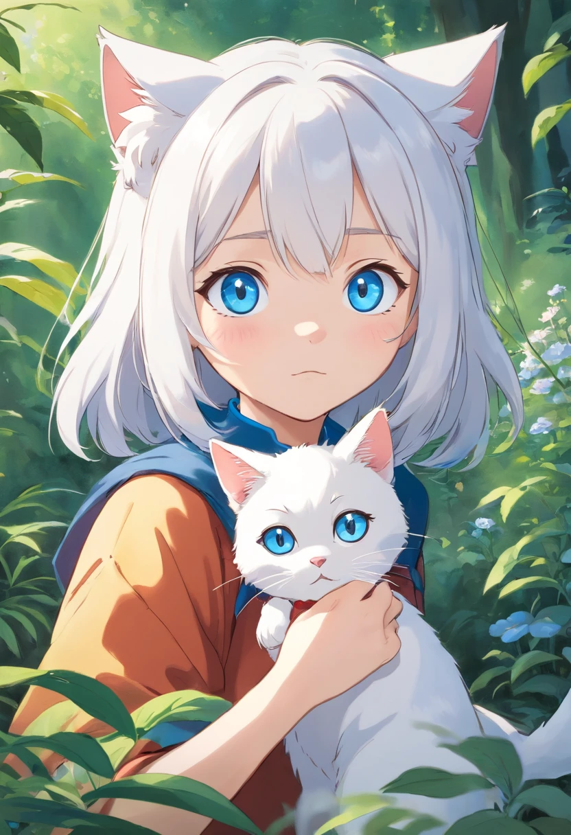 A cartoon cat with blue eyes，White hair，cute-style
