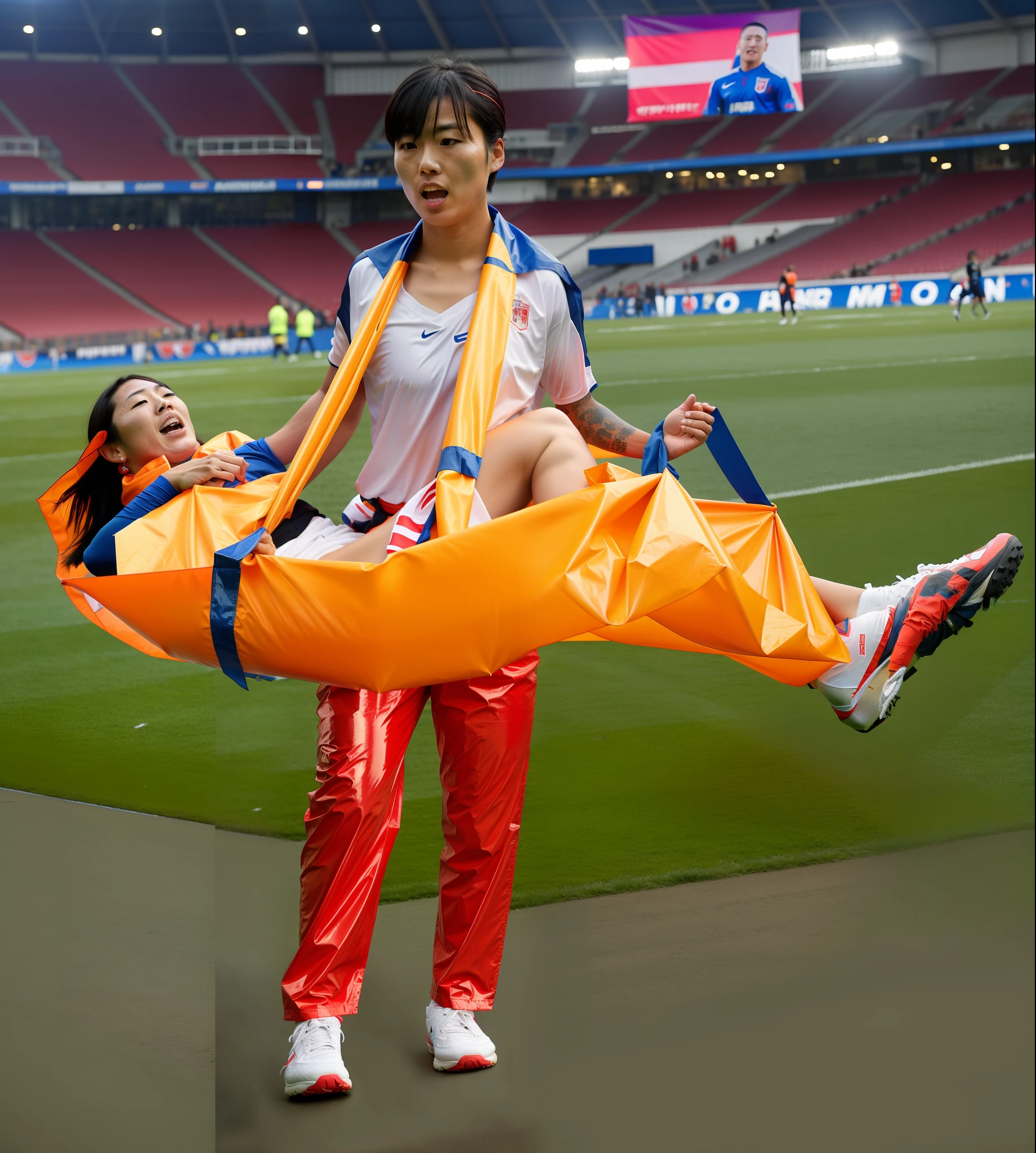 A very worried Japanese woman carries a short-haired male footballer towards us with the help of a tarpaulin, a worried Japanese woman transports an injured male footballer in a tarpaulin, a very worried Japanese woman is wearing red patent leather pants and is standing in a filled football stadium, the Japanese woman in the red patent leather pants has an extremely disturbed and shocked facial expression, the Japanese woman in the red patent leather pants is holding a shiny orange tarp queer in front of her body, the Japanese woman comes along The tarpaulin that she is carrying in front of her ran towards us, in the tarpaulin lies an injured and unconscious male footballer with short hair and matt sports clothing, the matt t-shirt and the pain-distorted face of the injured athlete protrude over the left part of the tarpaulin , two soccer shoes protrude from the right end of the tarpaulin