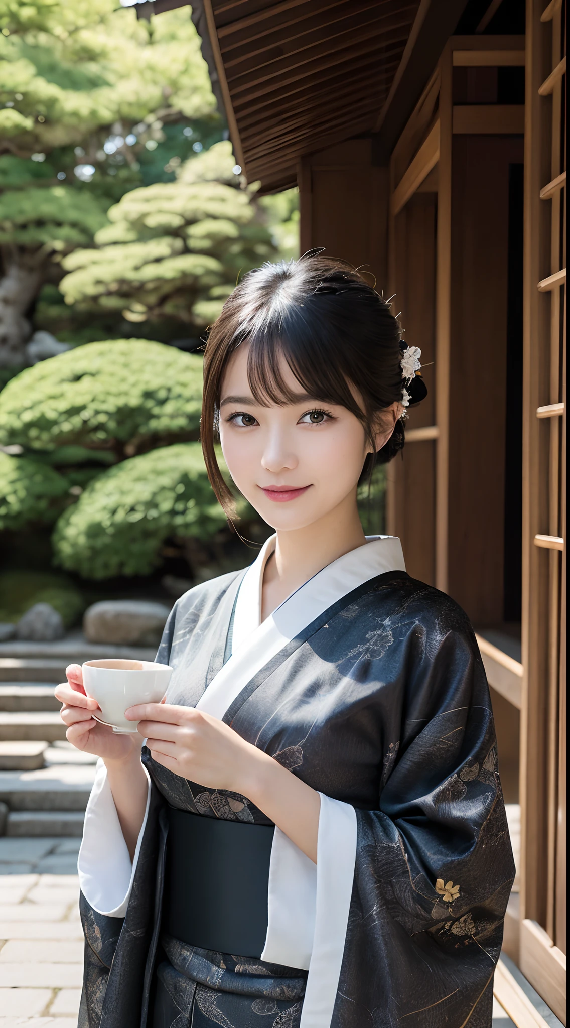 Masterpiece, Best Quality, illstration, Ultra-detailed, finely detail, hight resolution, 8K quality wallpapers, Perfect dynamic composition, Beautiful detailed eyes, Kimono, Well-formed kimono appearance, (Black shorthair), A slight smil, Looking at the camera, Kyoto Uzumasa Studio Park, Japan castle town, Japanese garden, tearoom, Tea ceremony