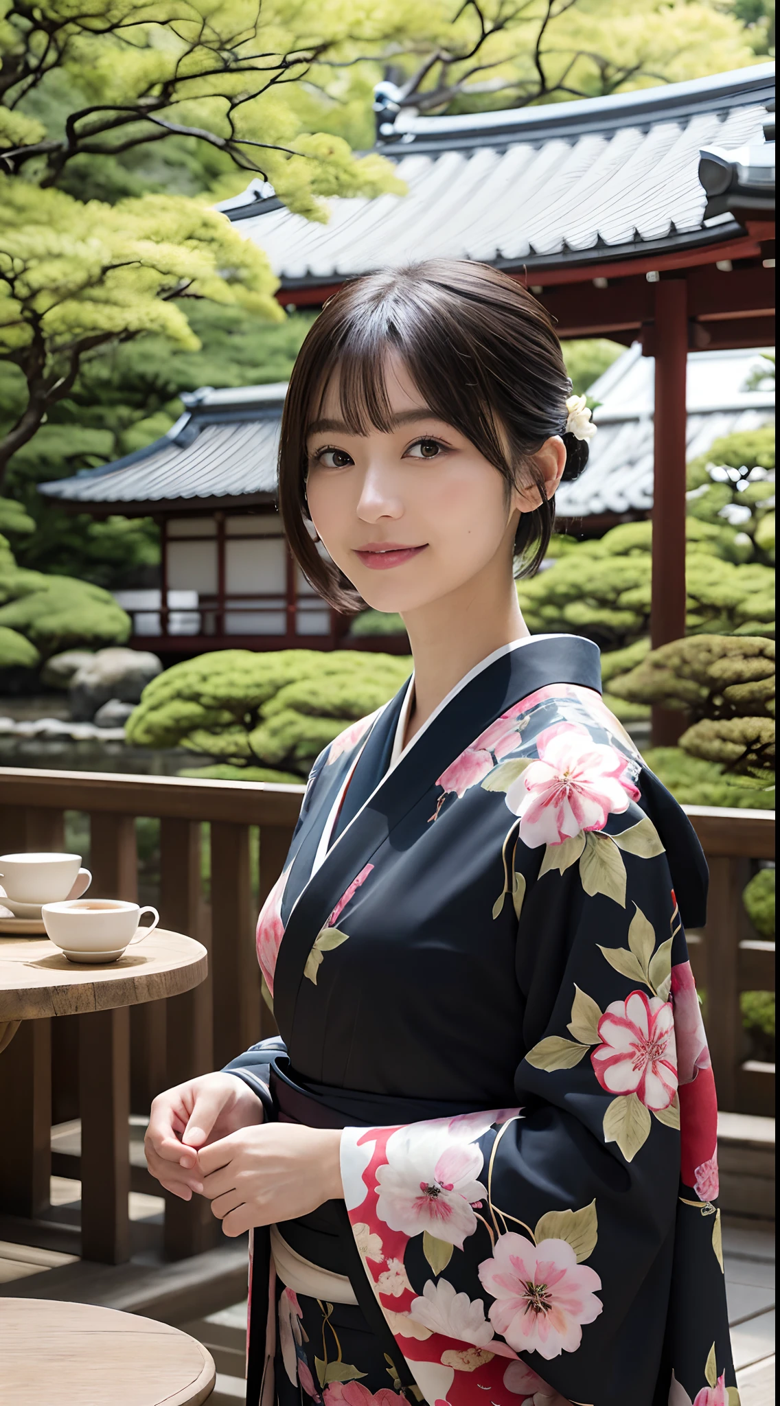 Masterpiece, Best Quality, illstration, Ultra-detailed, finely detail, hight resolution, 8K quality wallpapers, Perfect dynamic composition, Beautiful detailed eyes, Kimono, Well-formed kimono appearance, (Black shorthair), A slight smil, Looking at the camera, Kyoto Uzumasa Studio Park, Japan castle town, Japanese garden, tearoom, Tea ceremony