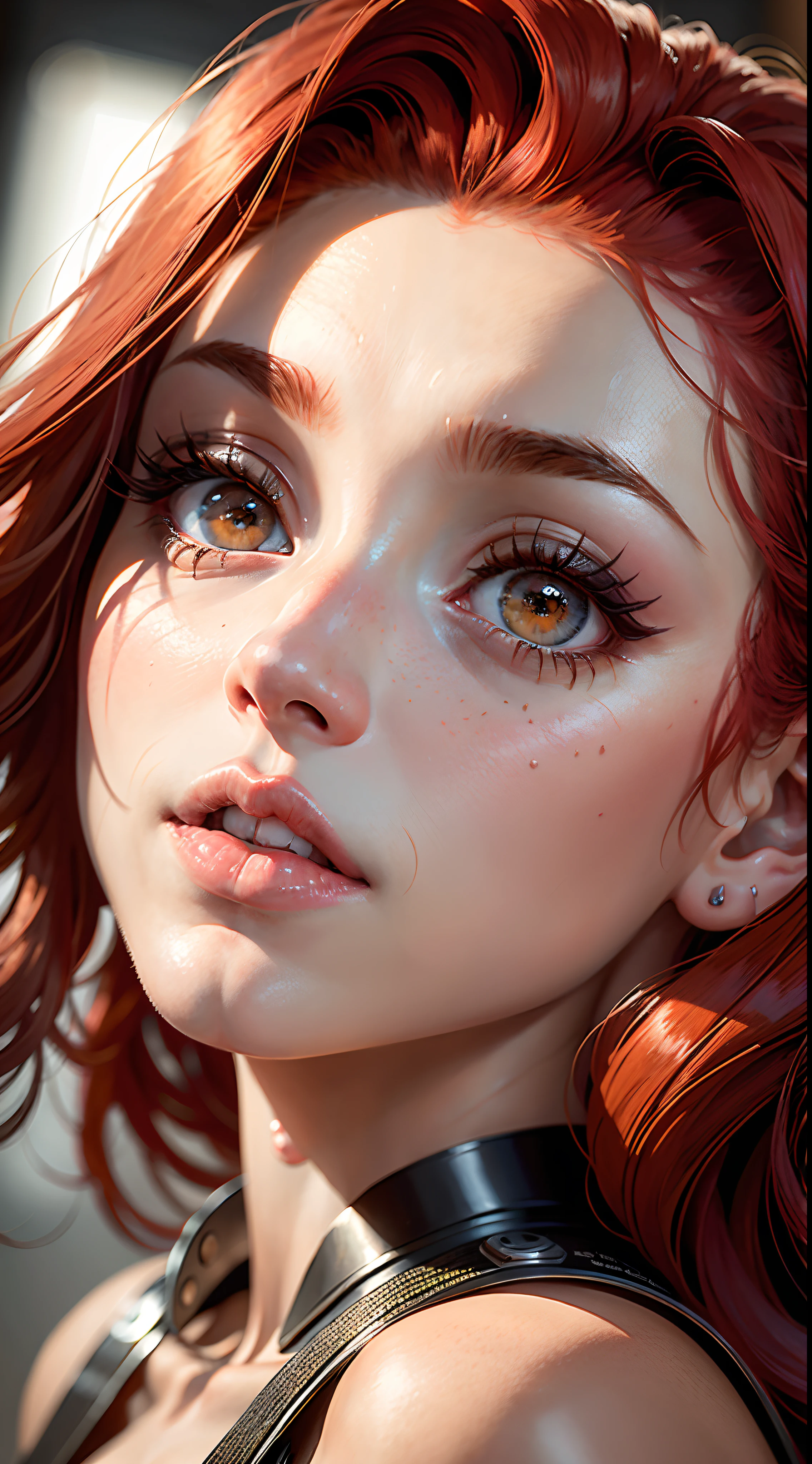 (best quality, highres, masterpiece:1.2), ((determined facial expression)), resting bitch face, ice blue eyes, side-part long bright titan red hair, freckles, healthy skin, detailed pouty lips, detailed eyes, long eyelashes, expressive face, medium breasts, soft lighting, vibrant colors, (((naked with black military cap))), (show breasts)