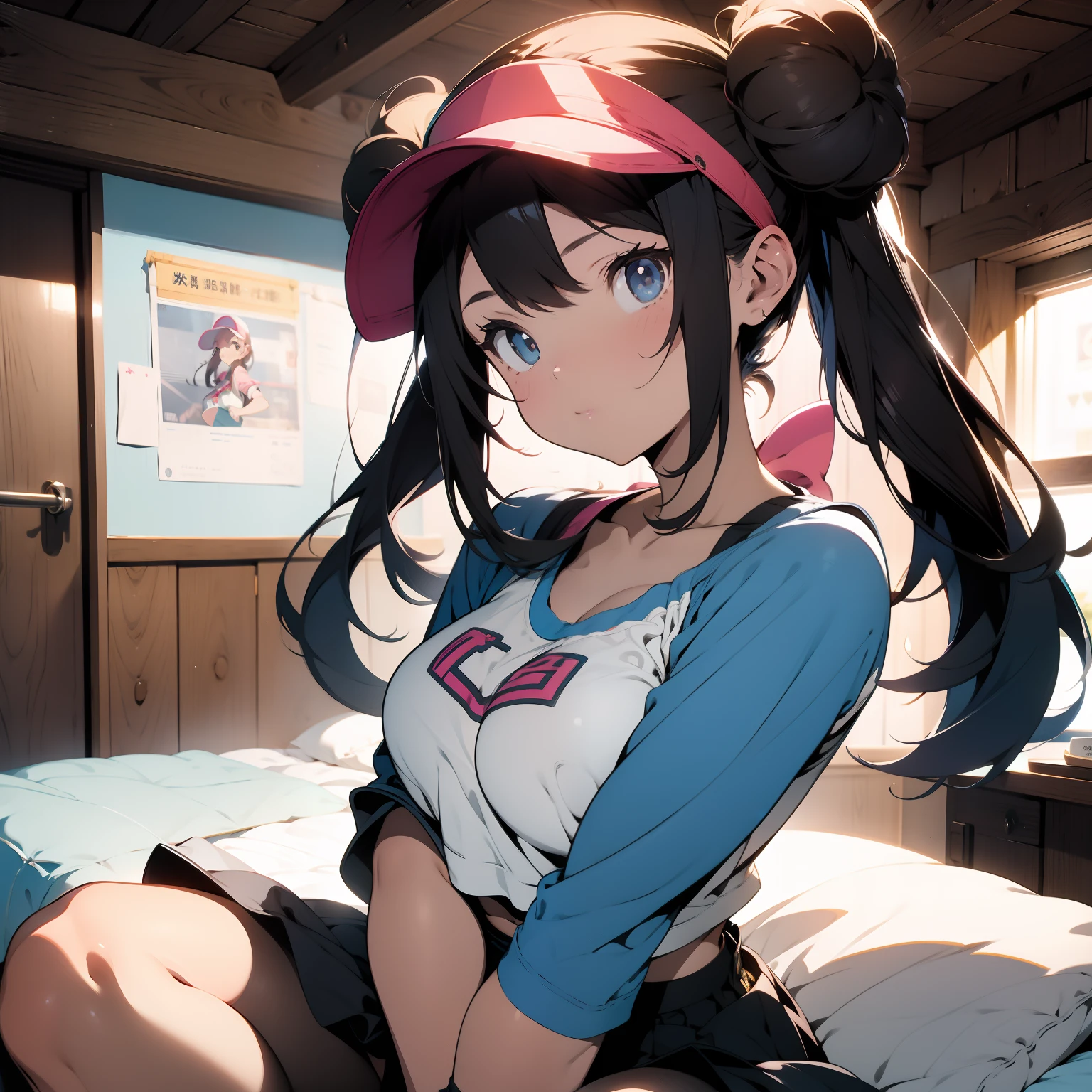 A sleeping girl on a cloud, lying down, full body, 1trainerleaf1, sleeveless shirt, black wristbands, visible thighs,thick thighs,red skirt,blue shirt, loose socks, white footwear, pantyshot, white panties, beautiful detailed eyes, beautiful detailed lips, extremely detailed face, long eyelashes, soft glowing skin, touching her hair, (best quality,4k,8k,highres,masterpiece:1.2),ultra-detailed,(realistic,photorealistic,photo-realistic:1.37),digital art, detailed illustration, dramatic lighting, warm glowing colors, cinematic lighting, dreamlike atmosphere