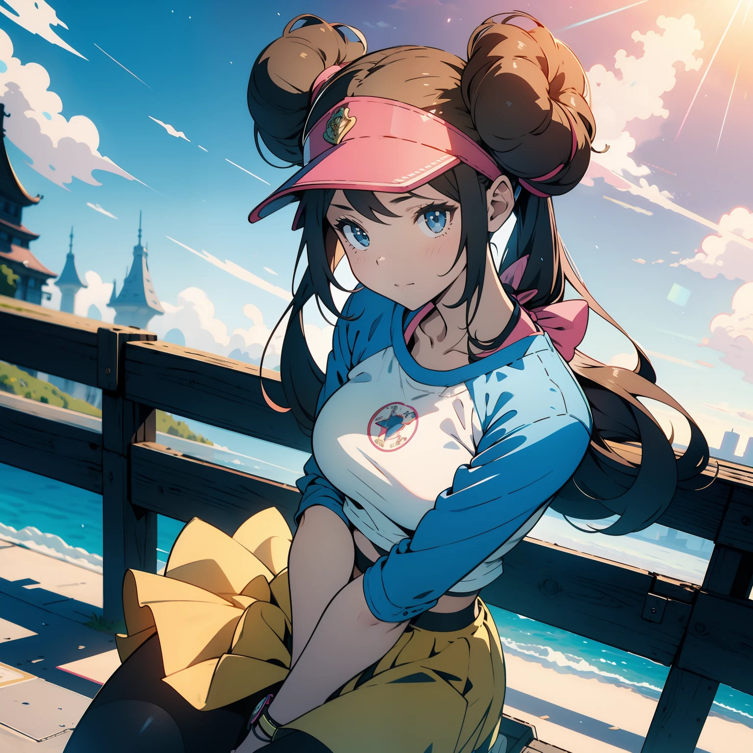masterpiece, best quality, cowboy shot, ro1, hug, hair bun, blue eyes, twintails, visor cap, pantyhose, raglan sleeves, yellow skirt, crop-top, pink bow, wristwatch, (colorful), volumatic light, bust shot, extremely detailed CG unity 8k wallpaper,intricate, castle, sky, cloudy_sky, fantasy, windy, sun light, big chest, cleavage, full body chest, Grab your own breasts, One girl, masturbation from below, Grab your own breasts, Spread your legs, Raise your legs, pink panties