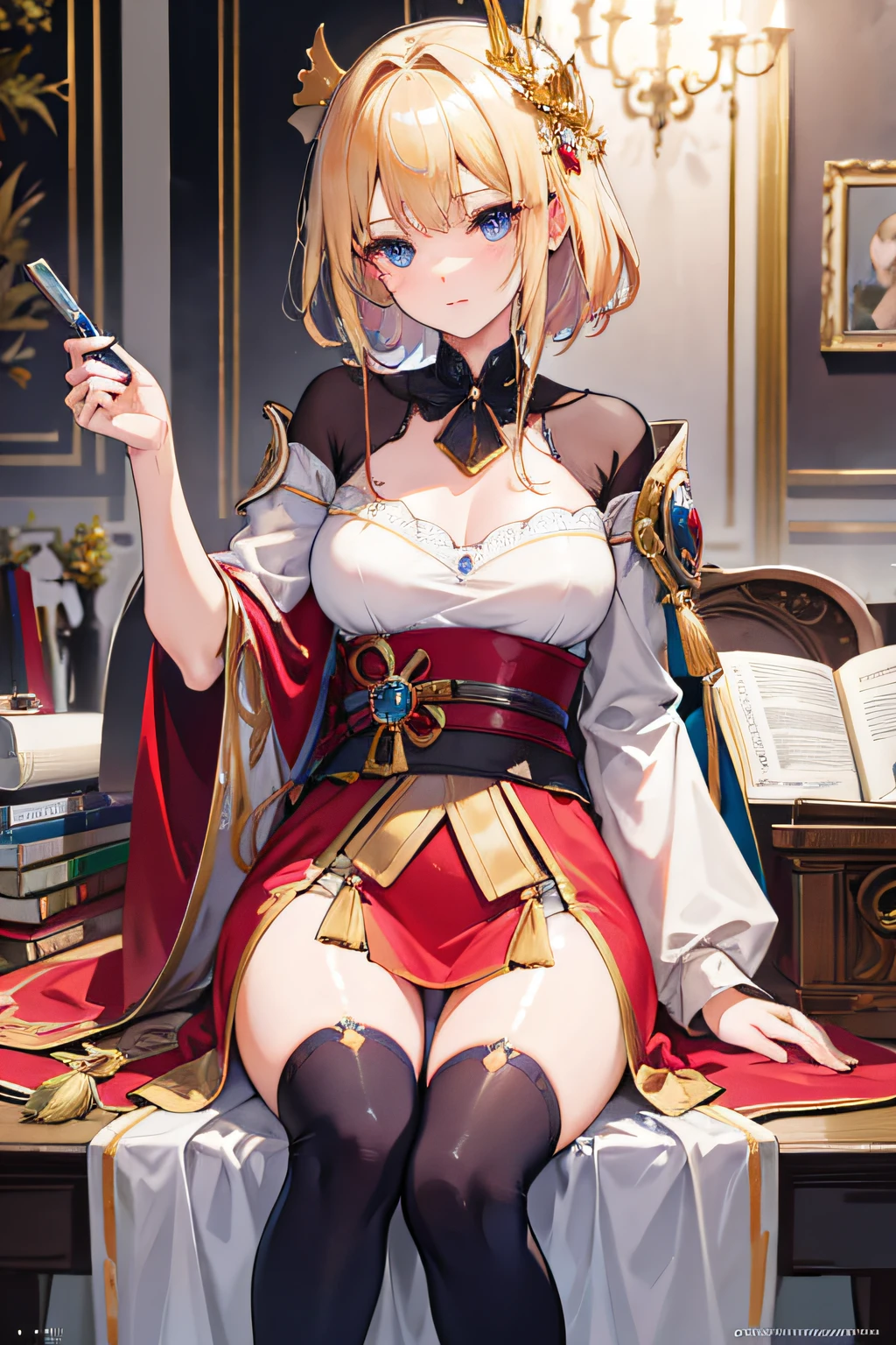 (Masterpiece: 1.2, Best quality), Realistic, (Realistic picture, Complex details, Depth of field), Best quality, Masterpiece, Highly detailed, Half realistic, 1 girl, Mature female, 21 years old, blond hairbl, shoulder-length short hair, The left eye is covered with hair, Blue eyes, The king's clothes, Red cloak, Slim figure, A crown made of precious gold, Read the documentation, Tag documents, quill, office desk, Soft bench, Palace, In the palace, medieval period