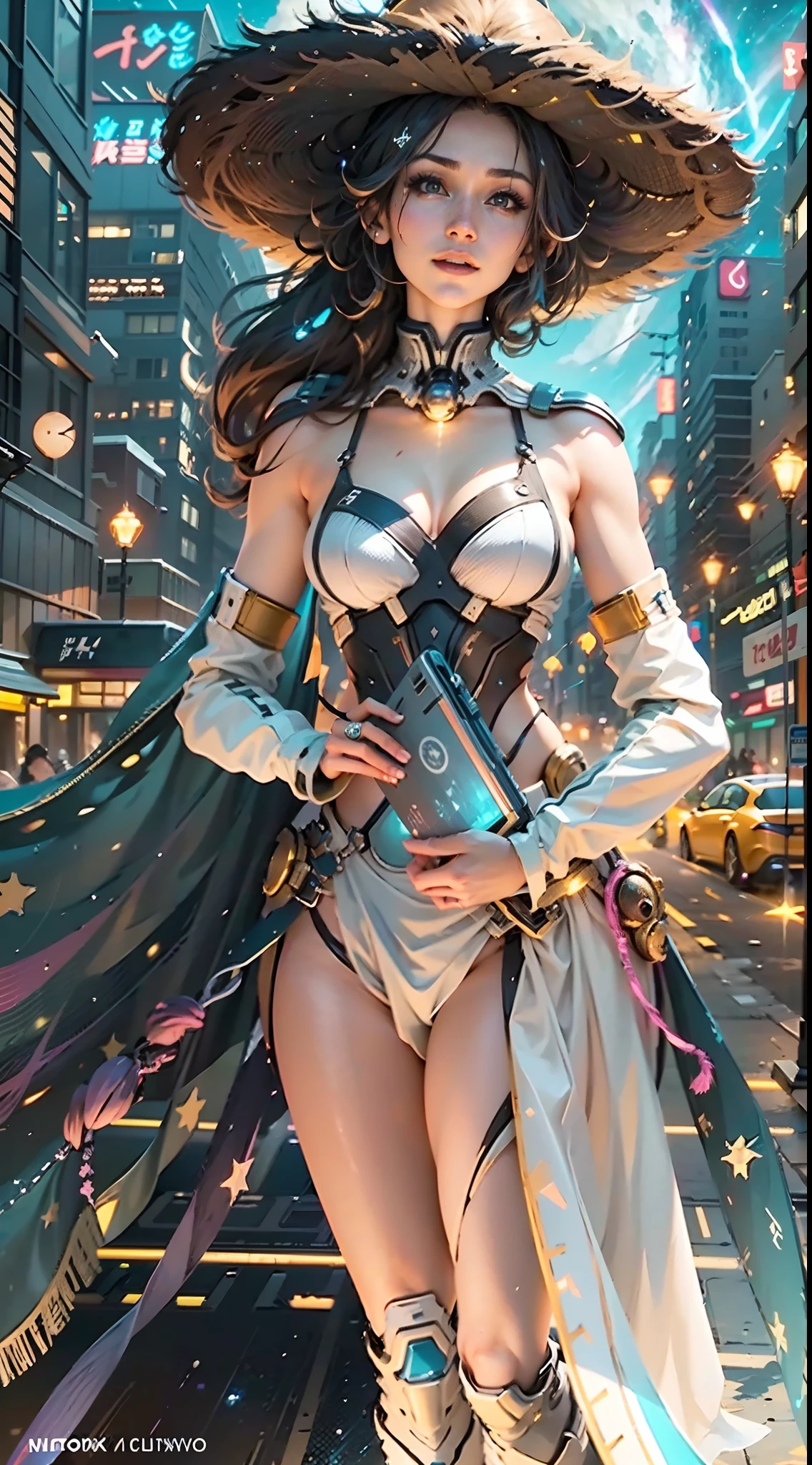 In a very grand scene,The extra-large wide-angle lens captures the appearance of a female centaur。(She is traveling through the stars:9.9),She is tall,It has the ultimate curvy beauty,The muscles are slender and firm,Beautiful lines。Her facial features are tough and coquettish,Always with a sunny smile。She wears special tight-fitting equipment with a strong sense of technology,Step on multifunctional off-road style heels,Delicate and practical protective gear is worn on the hands, feet, wrists, neck and shoulders。The detection equipment around you flashes various cue lights and neon-like information screens,Let her exude a charming brilliance。Use Midjourney's advanced tools,Design special tight-fitting equipment for female centaurs,Highlight her unique physiological characteristics and appearance details,Add realism。And in her adventure scene,Spectacular views of nature,Such as the sky where storms and sunny days alternate、Brilliant rivers of stars and auroras、The snow-capped summit of Mount Everest、Fireworks in the mountain town, etc。ao mesmo tempo,Away from the hustle and bustle of Long Beach Pier is a neon-lit spaceship docked,Create a fantastic scene。Use Midjourney's advanced tools and multiple color palettes、Brush Strokes、Texture tools and model packages,It shows a sense of atmosphere where beauty and charm coexist。The charm of the female centaur is highlighted through color and lines,Enhance realism with detailing,Create a surreal dreamy feeling。Additionally,Use Midjourney's tools to add a variety of extreme sports gear and cultural trinkets to the female centaur,Create intricate hairstyles and outfits,Give her a sense of premium。She never flinches,Regardless of the terrain,can respond quickly,Even the extreme geography and dangerous terrain of aliens cannot stop her。Use Midjourney's powerful tools,You can do it with incredible detail and beauty,Bring this ultra-grand and beautiful scene to life。Ultra-grand scenes,super wide shot, hdr,(真实感,Masterpiece quality,