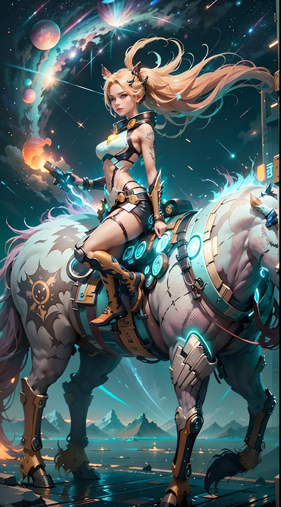 In a very grand scene,The extra-large wide-angle lens captures the appearance of a female centaur。(She is traveling through the stars:9.9),She is tall,It has the ultimate curvy beauty,The muscles are slender and firm,Beautiful lines。Her facial features are tough and coquettish,Always with a sunny smile。She wears special tight-fitting equipment with a strong sense of technology,Step on multifunctional off-road style heels,Delicate and practical protective gear is worn on the hands, feet, wrists, neck and shoulders。The detection equipment around you flashes various cue lights and neon-like information screens,Let her exude a charming brilliance。Use Midjourney's advanced tools,Design special tight-fitting equipment for female centaurs,Highlight her unique physiological characteristics and appearance details,Add realism。And in her adventure scene,Spectacular views of nature,Such as the sky where storms and sunny days alternate、Brilliant rivers of stars and auroras、The snow-capped summit of Mount Everest、Fireworks in the mountain town, etc。ao mesmo tempo,Away from the hustle and bustle of Long Beach Pier is a neon-lit spaceship docked,Create a fantastic scene。Use Midjourney's advanced tools and multiple color palettes、Brush Strokes、Texture tools and model packages,It shows a sense of atmosphere where beauty and charm coexist。The charm of the female centaur is highlighted through color and lines,Enhance realism with detailing,Create a surreal dreamy feeling。Additionally,Use Midjourney's tools to add a variety of extreme sports gear and cultural trinkets to the female centaur,Create intricate hairstyles and outfits,Give her a sense of premium。She never flinches,Regardless of the terrain,can respond quickly,Even the extreme geography and dangerous terrain of aliens cannot stop her。Use Midjourney's powerful tools,You can do it with incredible detail and beauty,Bring this ultra-grand and beautiful scene to life。Ultra-grand scenes,super wide shot, hdr,(真实感,Masterpiece quality,