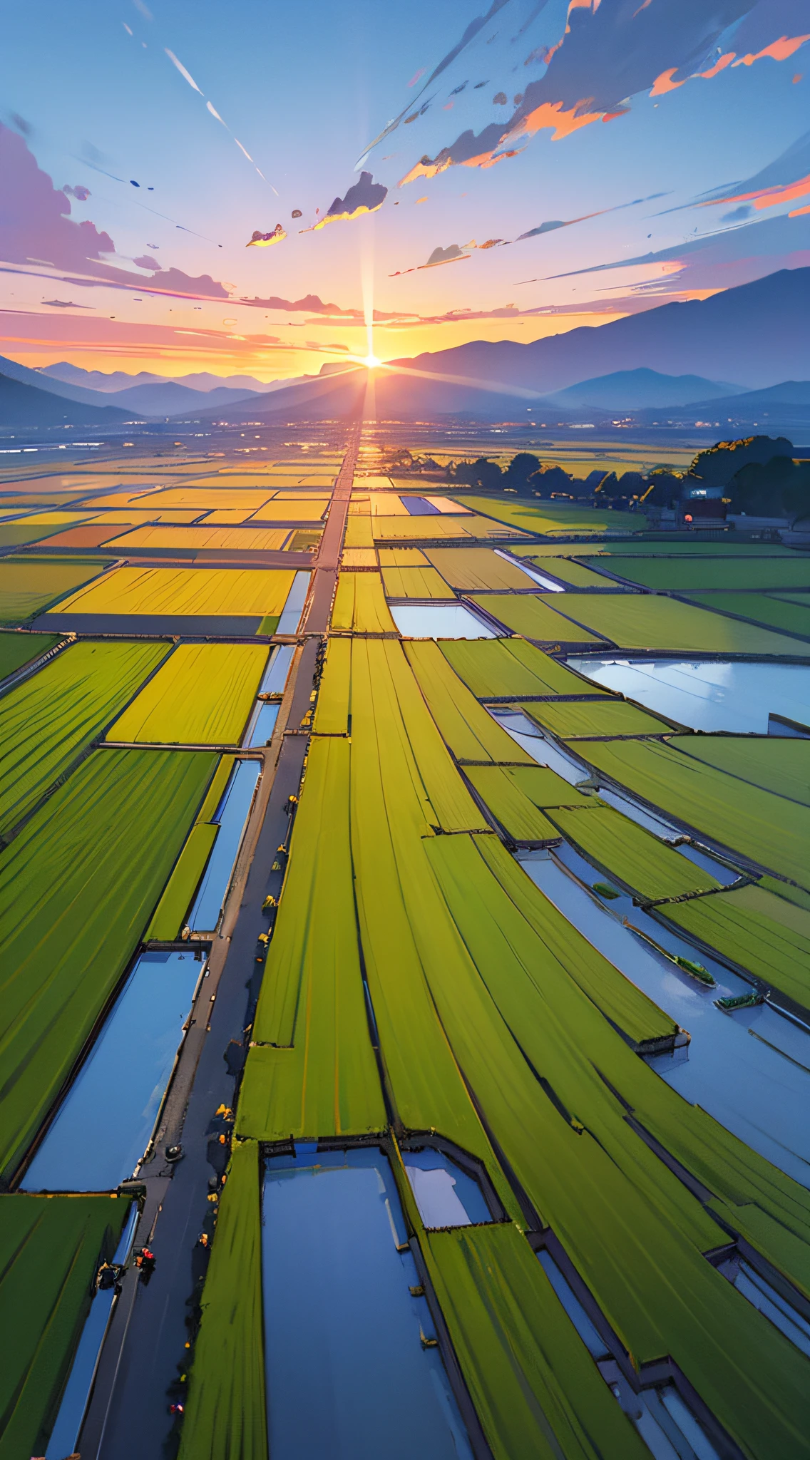 street on rice field, best quality image, backpack, wide angle, mountain view, sunset sky