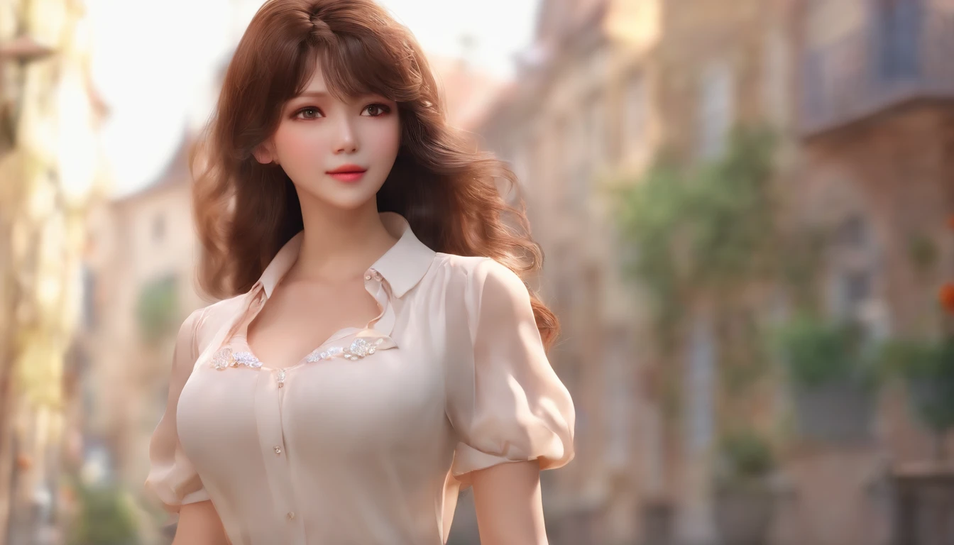 Top quality, 1girll, (The skin is hollow), (Large of breast), (day), Bright, Background blur, Outdoors, (street:0.6), (Hair:1.5), (blouse:1.5), Gorgeous, (Hair float:1.5), Soft light, Wind, sonoko, street