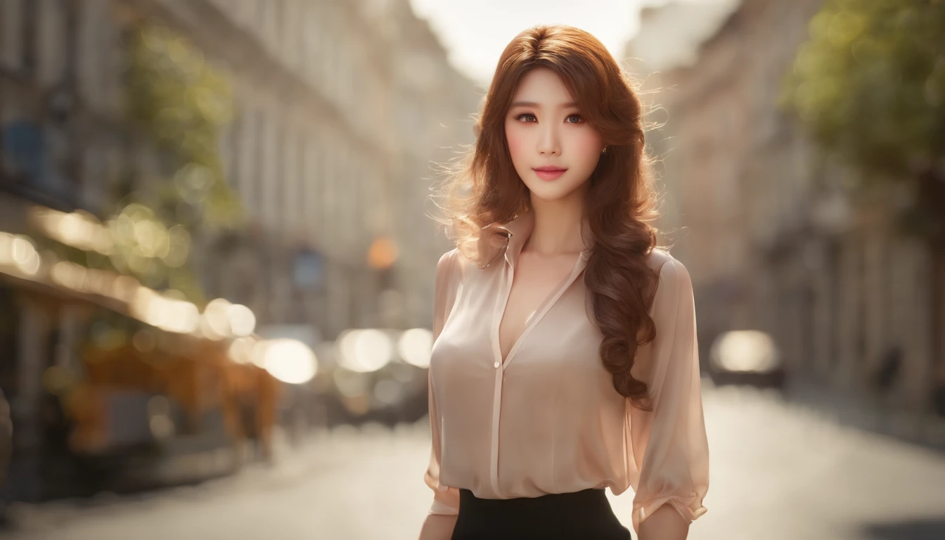 Top quality, 1girll, (The skin is hollow), (Large of breast), (day), Bright, Background blur, Outdoors, (street:0.6), (Hair:1.5), (blouse:1.5), Gorgeous, (Hair float:1.5), Soft light, Wind, sonoko, street