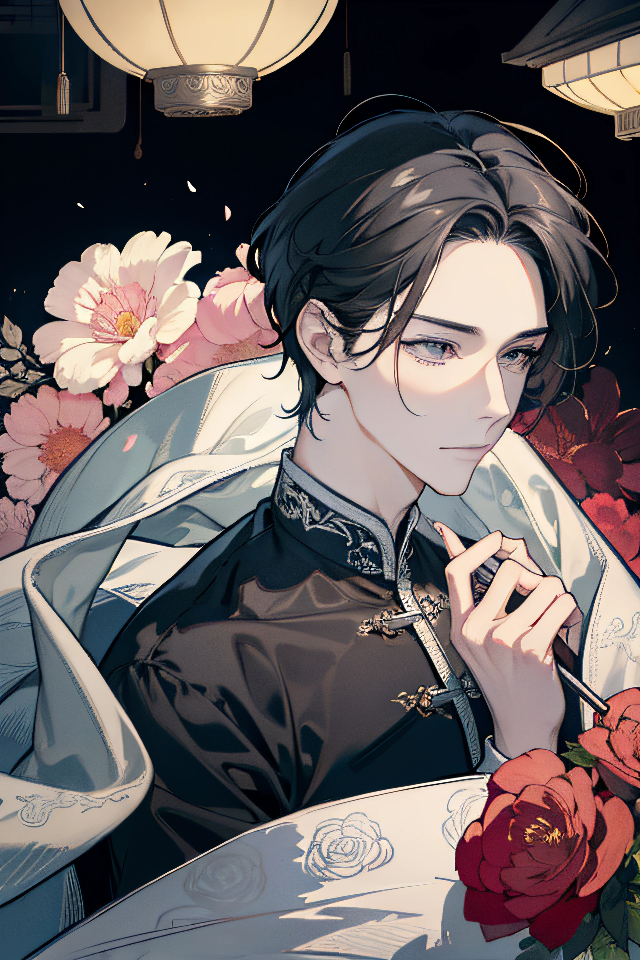 (hoang lap,A high resolution,ultra - detailed),1male people,AS-Adult,Handsome,Tall muscular man,a broad shouldered,Delicate gray eyes,Long brown hair(1.3),long whitr hair,fanciful,Intricate patterns,详细的脸,inn,Lanterns,best ratio four finger and one thumb,florals,petals,ssmile,(Dutch angle),Keep one's mouth shut