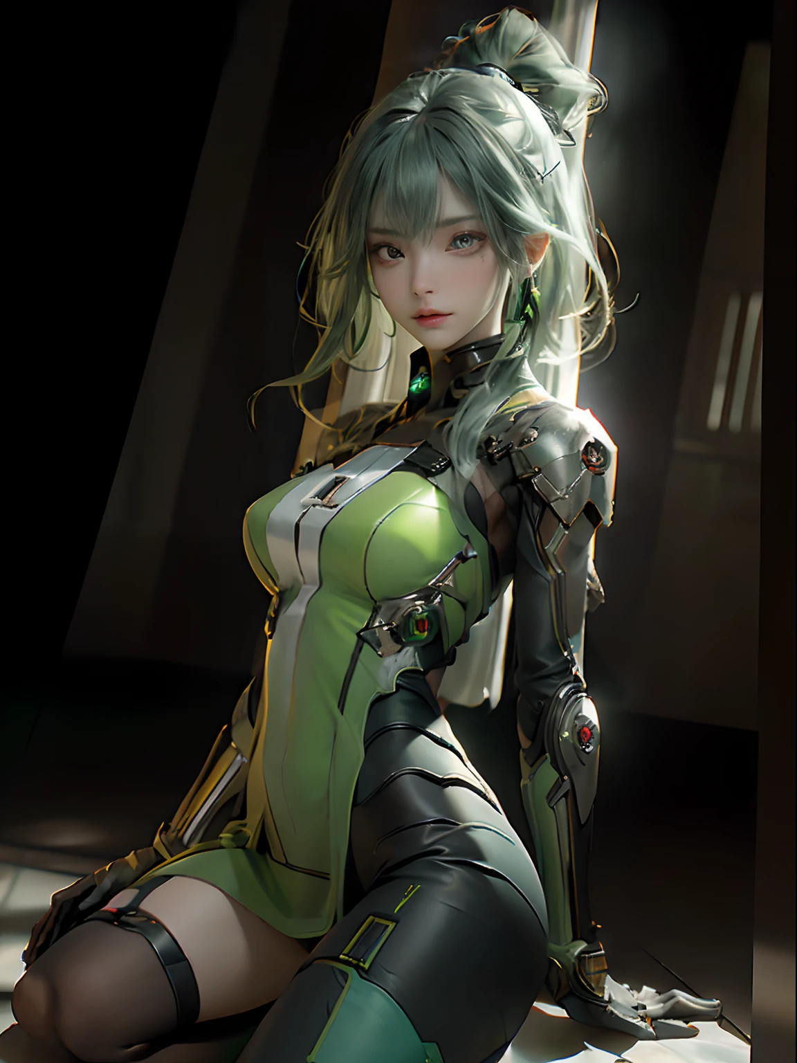 ((Best qualtiy)), ((master-piece)), (detaild:1.4), .3D, Beautiful cyberpunk woman portrait,HDR(High Dynamic Range),a green hair,tattoo,Ray Thrashing,NVIDIA RTX,high-res,unreal 5,subsurface scattering、PBR Textures、Post-process、Anisotropy filtration、Maximum depth of field and sharpness of every surface layer、Albedo and Specular maps、Surface color、Accurate simulation of light-material interactions、perfect proportion、octanerender、two-color light、largeaperture、low ISO、White Balance、rule of thirds、8K RAW、