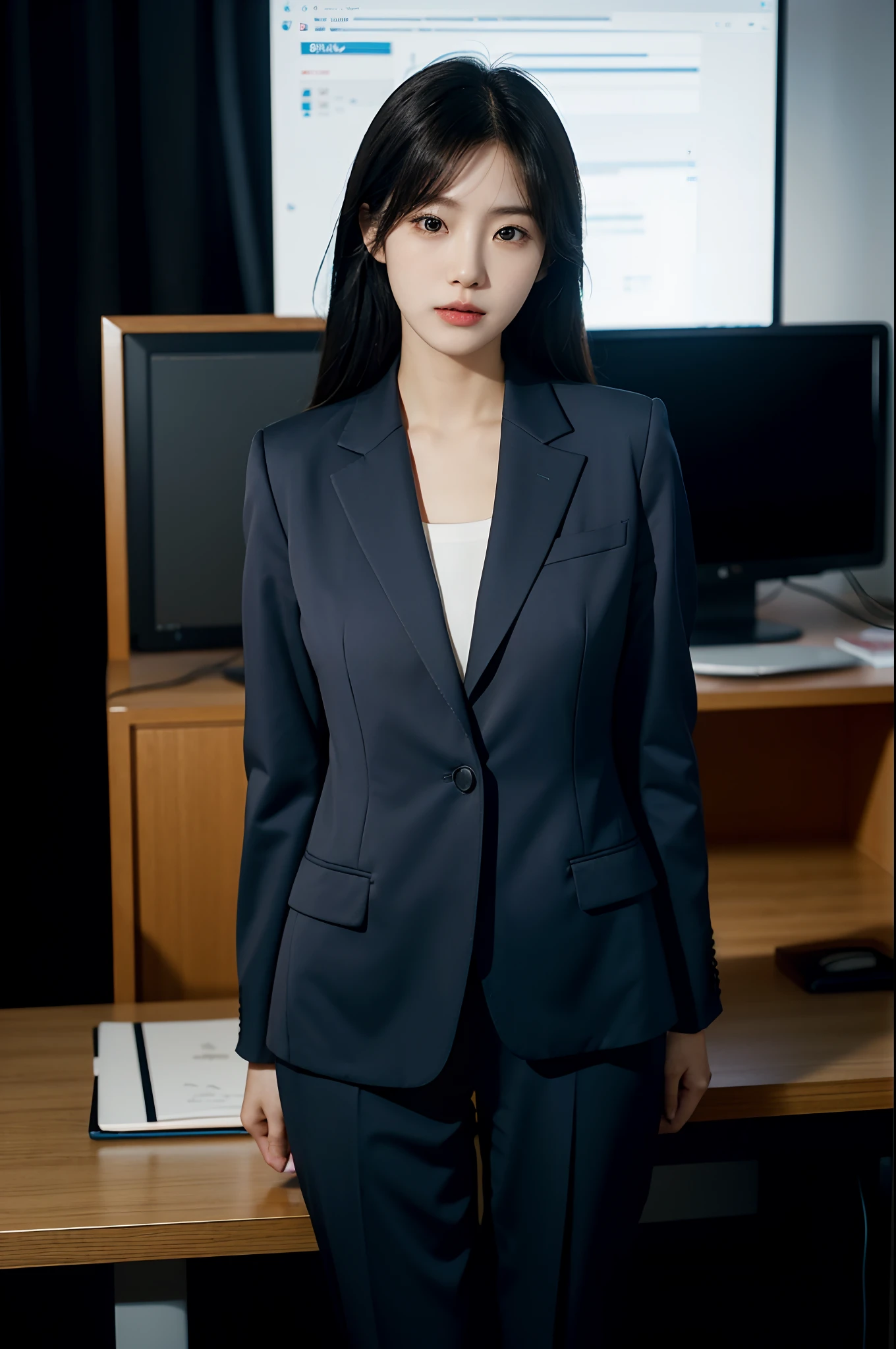 High-res, Realistic portrait of professional korean office lady with perfect skin，Professional suits，Women's suits，stand posture，The upper part of the body，Women in the workplace，Show confidence and maturity, Surrounded by a modern corporate environment, Vibrant and naturally lit highlights. The artwork should emphasize her elegant facial features, Including charming long eyes, Fluttering eyelashes and seductive lips. The scene should be enhanced with elements of professionalism and visual appeal，For example, Stylish work desk, Mainframe computers, High-resolution display, and complex stationery. The overall tone should be warm and professional, Has a soft and natural color palette. The artwork should exude a sense of professionalism, Success, and cultural pride，The background is blurred out