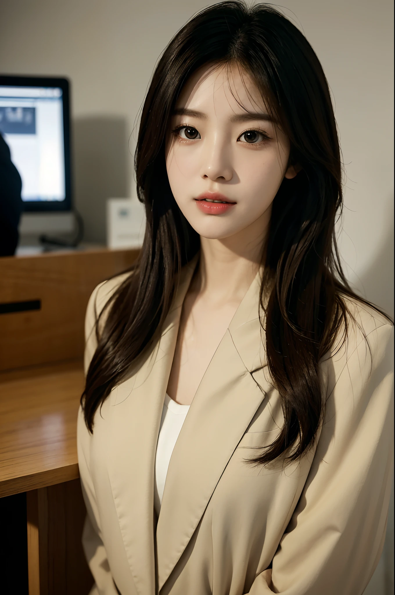 High-res, Realistic portrait of professional korean office lady with perfect skin，Professional suits，Women's suits，stand posture，The upper part of the body，Women in the workplace，Show confidence and maturity, Surrounded by a modern corporate environment, Vibrant and naturally lit highlights. The artwork should emphasize her elegant facial features, Including charming long eyes, Fluttering eyelashes and seductive lips. The scene should be enhanced with elements of professionalism and visual appeal，For example, Stylish work desk, Mainframe computers, High-resolution display, and complex stationery. The overall tone should be warm and professional, Has a soft and natural color palette. The artwork should exude a sense of professionalism, Success, and cultural pride，The background is blurred out