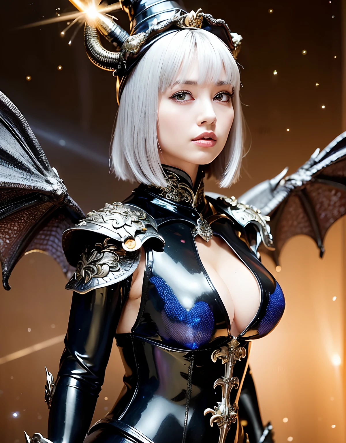 ((World of Darkness)),Professional , masterpiece、top-quality、photos realistic , depth of fields 、Golden Magic Wand、(((Fight dragons))),(Dragon Black Metal Body:1.9),(latex black-blue、(cleavage of the breast),(Fight dragons)、、(((Particles of light))),(Micro Bikini Armor:1.7),Gorgeous gold weapons ,(Fight dragons)、Seductive look、The face of the dragon is out、(blood splattere、Armpit、((((With a magic wand))), ) , (((Wearing a black latex wizard hat))),(demonic wings) ,((a blond))、(Castle background)、((Gangle's forest background))、Beautiful Caucasian beauty、1a person、Armpit、dynamic ungle,(((Detailed Silver Dragon Wizard Hat)))、Smaller head、A smile、Castle background、Thin and beautiful female hands、cleavage of the breast、Soldier in iron armor on background、Mystical expression、Light Effects、intense fighting、Wind-effect、magic circles、With the legendary magic wand、Dragon's tail、explosions、Toostock、Toostock、(Beautuful Women),