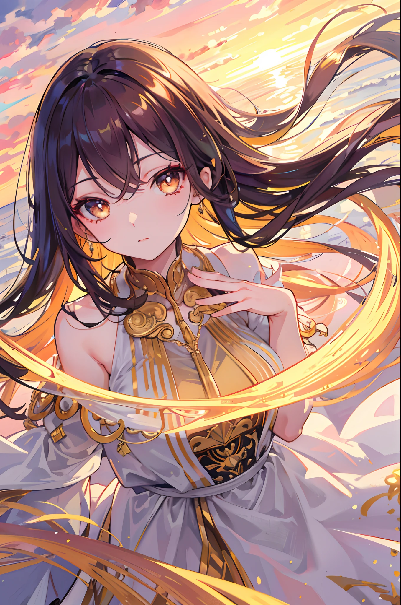 A woman with long hair and a gold dress is holding a sword - SeaArt AI