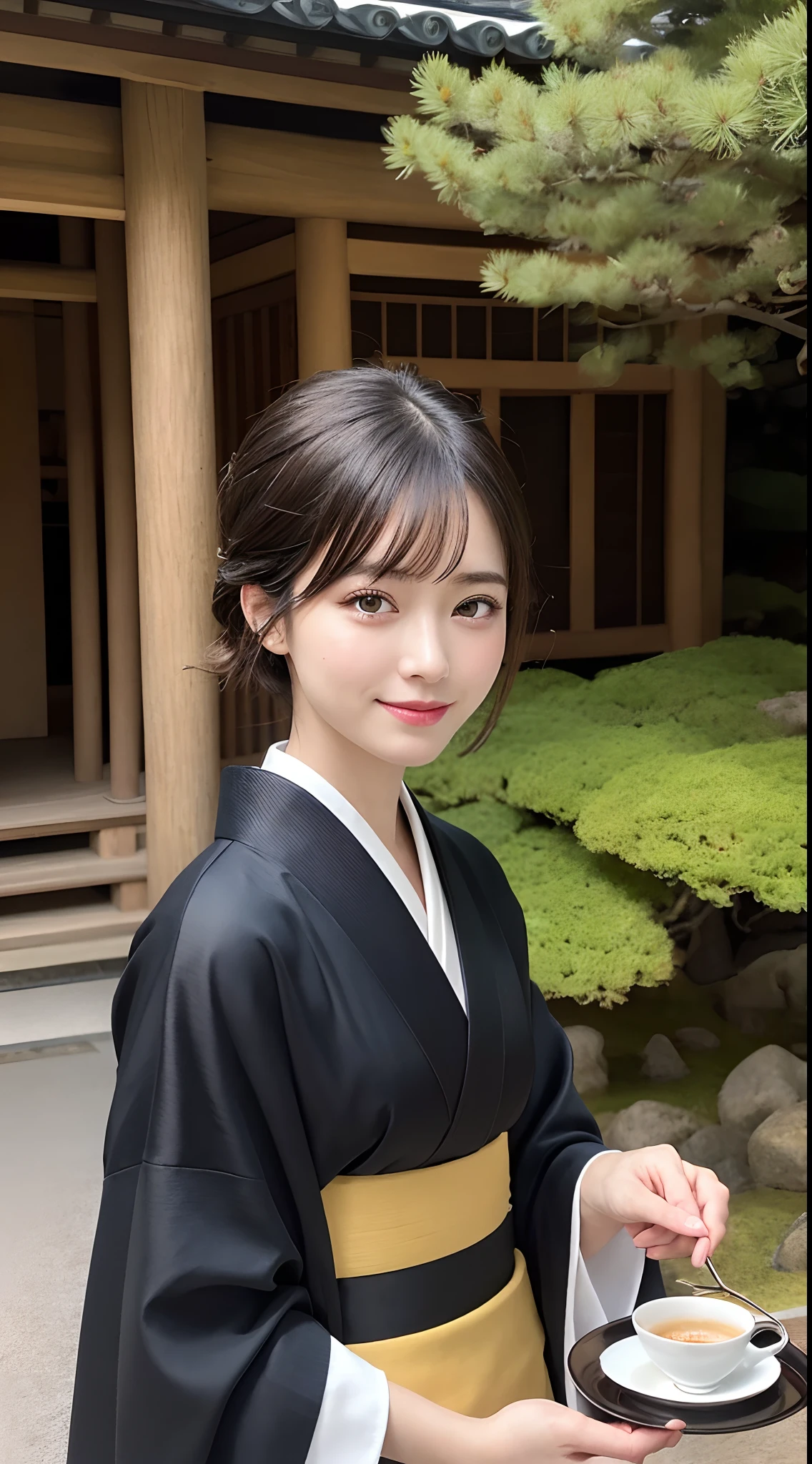 Masterpiece, Best Quality, illstration, Ultra-detailed, finely detail, hight resolution, 8K quality wallpapers, Perfect dynamic composition, Beautiful detailed eyes, Kimono, Well-formed kimono appearance, (Black shorthair), A slight smil, Looking at the camera, Kyoto Uzumasa Studio Park, Japan castle town, Japanese garden, tearoom, Tea ceremony