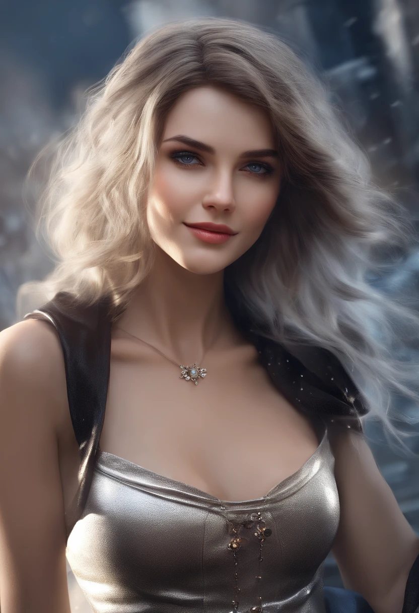masterpiece, best quality, ultra-detailed),(1girl), blue eyes, short hair, brunette, dynamic angle, dynamic pose, natural lighting, floating, (colored top:1.2|black top), (tight skirt:1.2|leather pants:0.9), (silver bracelet:1.2|watch), (natural background:0.8| cityscape), (smiling:0.8| serious expression), (light in the hair), many drops of water:0.8