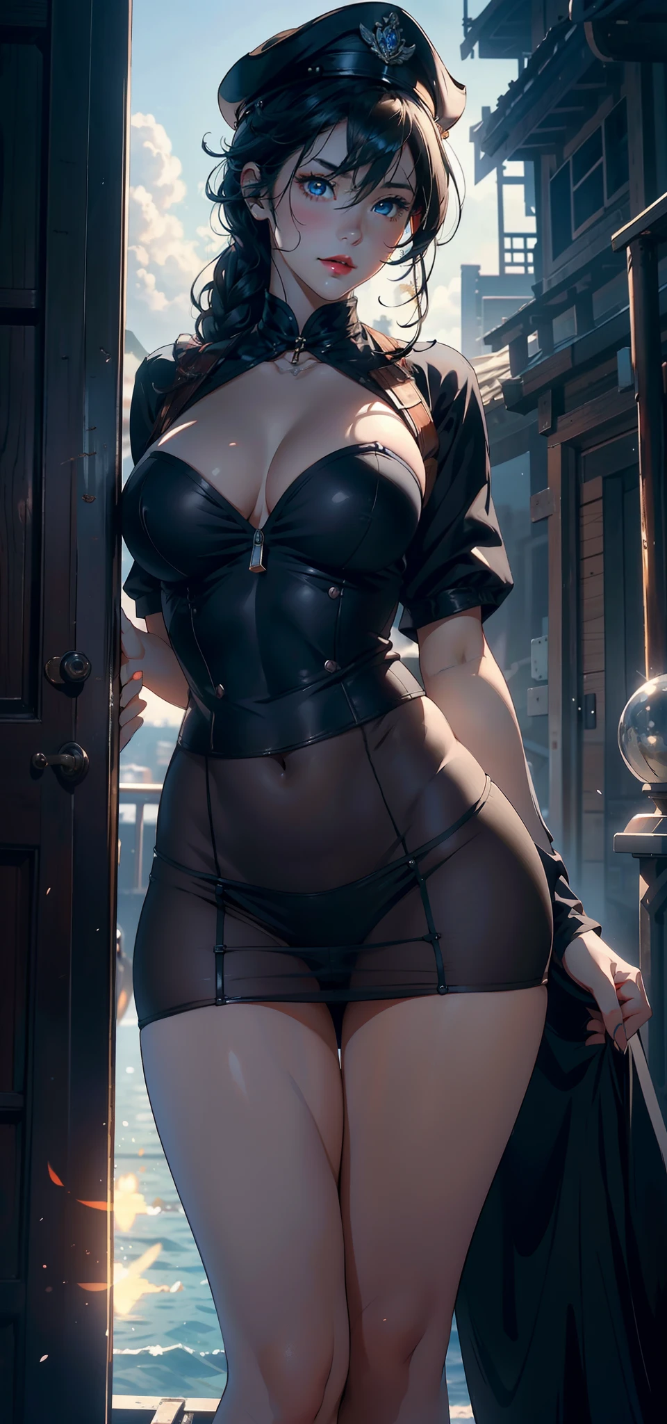 1female,43 yeas old,熟妇,extremely large bosom, 独奏,(Background with:the sea,battleships,warships,summertime,the rainforest) She has very short black hair,bobo head,Stand on a warship,,seen from the front, hair straight, mostly cloudy sky,(((tmasterpiece),(Very detailed CG unity 8K wallpaper),best qualtiy,cinmatic lighting,detailed back ground,beatiful detailed eyes,Bright pupils,Blue eyes,(Very fine and beautiful),(Beautiful and detailed eye description),ultra - detailed,tmasterpiece,)),facing at camera,A high resolution,ultra - detailed),Snow-white skin,Redlip,revealing breasts,Bare genitalia, Bulge,legs are open,Raised sexy,Camel toes,Flushed complexion,Desire for dissatisfaction,frontage,over-Tortoise Man,Officer's cap(Wearing:cloaks,Officer uniform,Black pantyhose,Bare breasts)