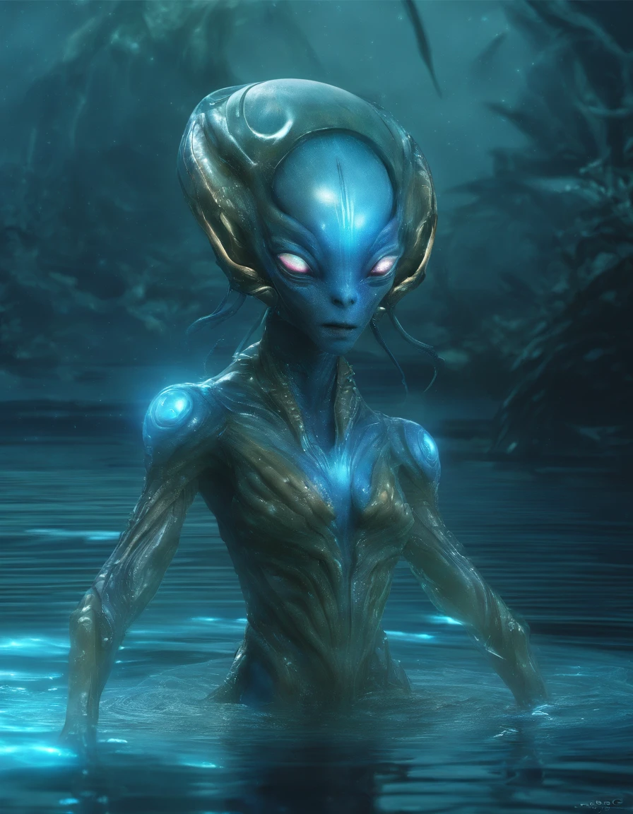 Walk, Hands and feet, Big eyes, water sprites，semi transparent，adolable, (((Humanoid translucent alien creature))), Light, Blue light,, Ocean, Plants in the water,Rich in color