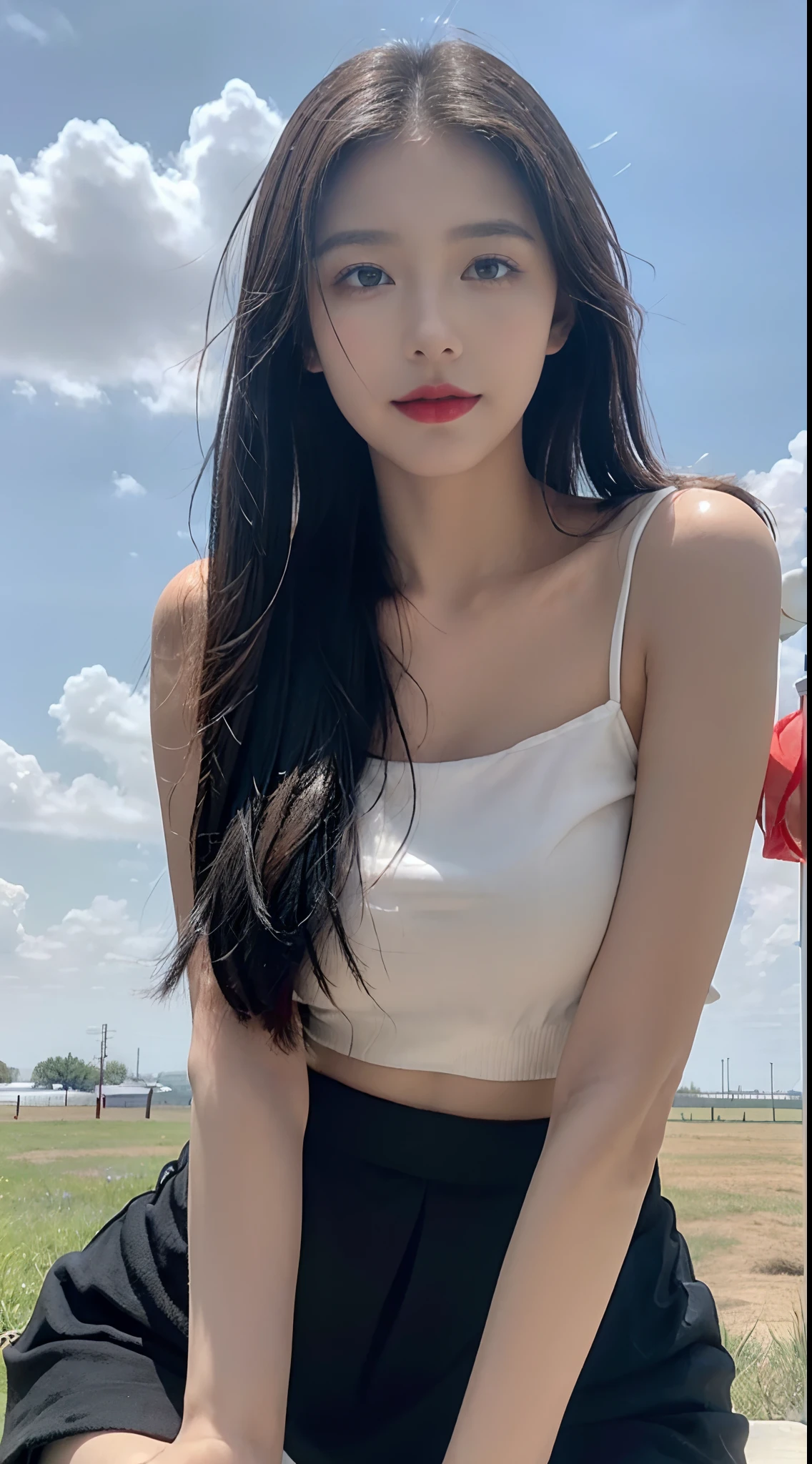 ((best qualtiy, 8K, tmasterpiece:1.3)), A pretty maiden，Pure，Melon seed face，gentle and cute，A sweet smile，Pure desire，Thin stature，(frontage)，(Tilt your head)，staring right into camera，uniform, Obi, formal，Black silky long, Straight hair，Long hair flowing over the shoulders，round black big eyes，Clear big eyes，Hydrated red lips，Sweet，Sit on the，with blue sky and white clouds，Blue skies，grassy fields，