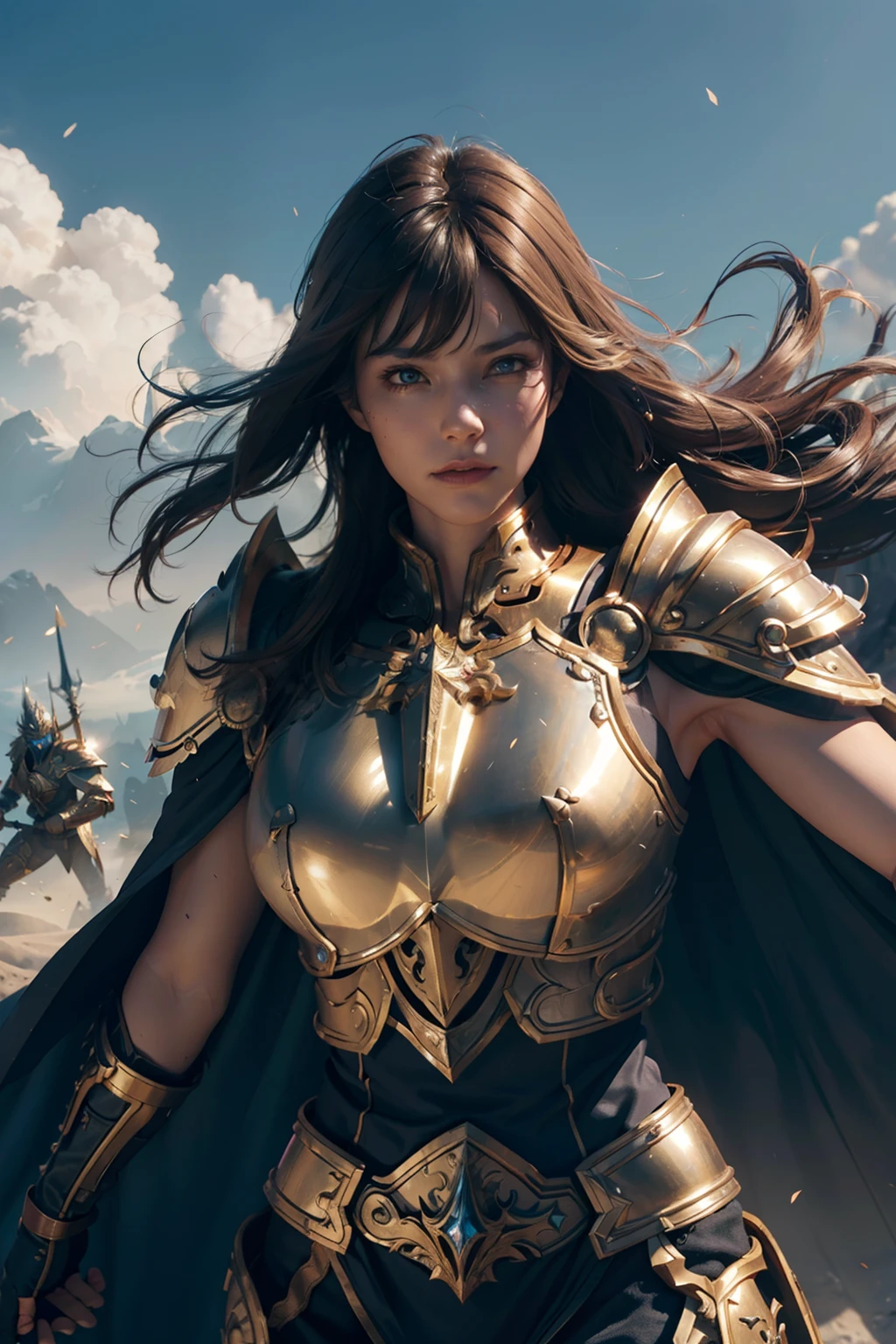 8K, Ultra HD, Highest quality, (Very detailed), Dynamic Angle, Mysterious expression, wind-effect, fantasy background, Edge lighting, Movie Lighting, Ultra-high resolution, 8K UHD, Film Grain, Better shadows, Moderate, Raw, Light Particles, Delicate skin texture, Detailed armor textures, Delicate face, Intricate details, Very detailed, bright, Strong, Gold Armor, (Glowing longsword), reduce, Crushing, Scapula, Long cape, fantasy, (Practical), Scapula, complex, With complex, Perfect lighting, Viewers, Movie Lighting, flight Keywords: flight, Holy Light, Energetic, Bangs, wind, Female Knight,volcano,night,magma,castle,Large Breasts