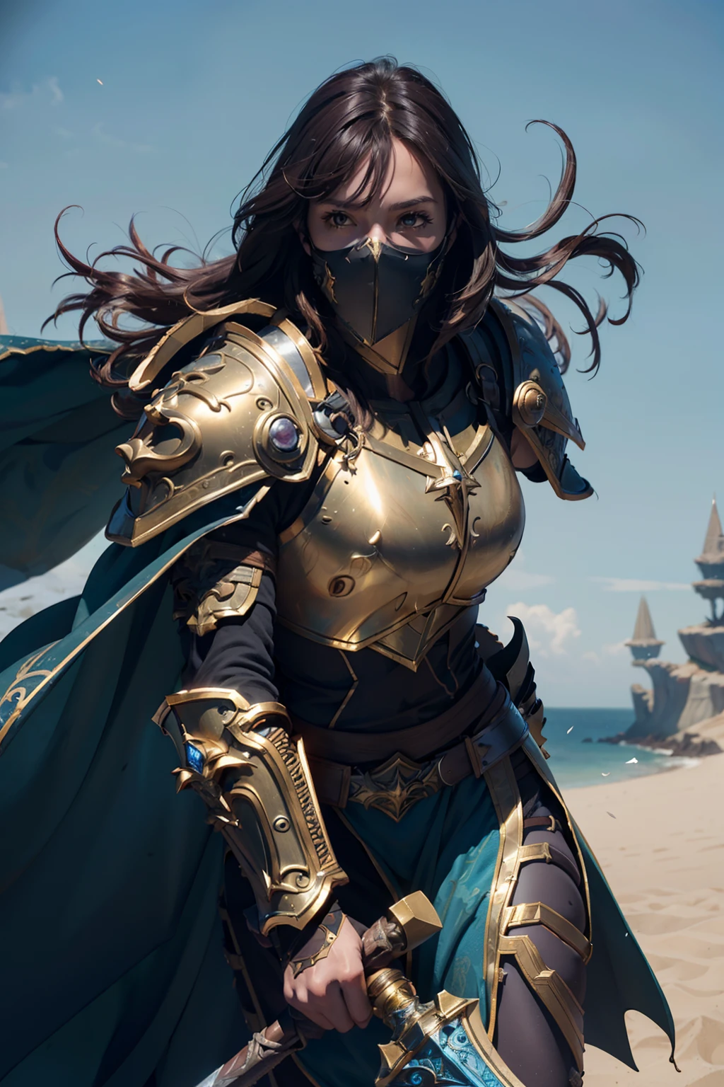 (well toned abs), 8K, ultra definition, mask piece, top quality, (very detailed), dynamic angles, mystical look, wind effects, fantasy background, rim lighting, cinematic lights, ultra high resolution, 8K UHD, film grain, better shadow, gentle, raw, light particles, detailed skin texture, detailed armor texture, detailed face, intricate details, super detailed, bright, strong, golden armor, (holding hammer), slashing, crushing action, pauldron, long cape, fantasy, (realistic), shoulder armor, intricate, complex, perfect lighting, viewer watching, cinematic lighting, flying Keywords: flying, holy light, vibrant, bangs, wind, paladin