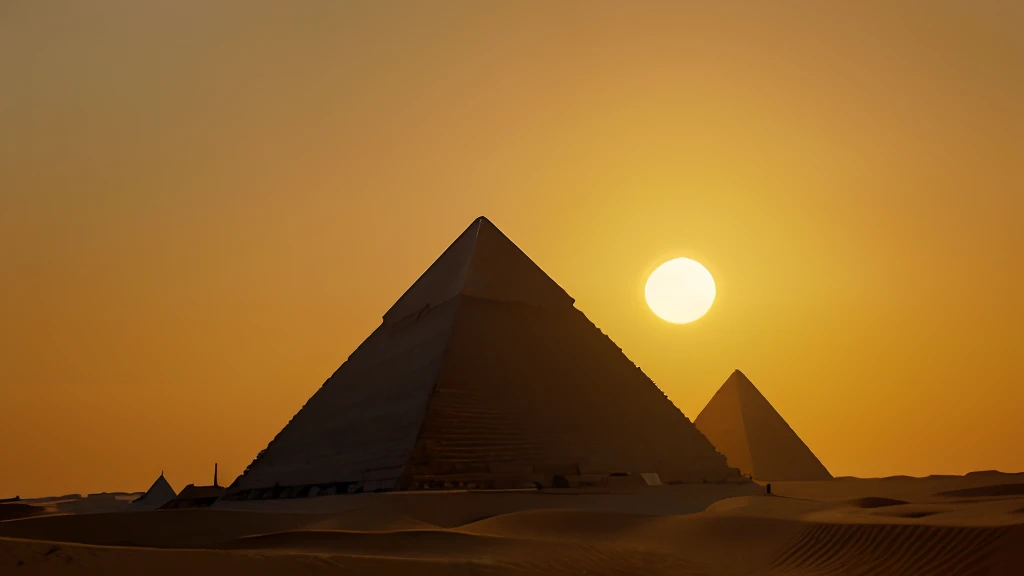 High-res, With the pyramid of Khufu,A desert,the setting sun,Camel scene,Shows a very harmonious atmosphere,A highlight full of natural light.Close-up,The pyramids are tall and big
