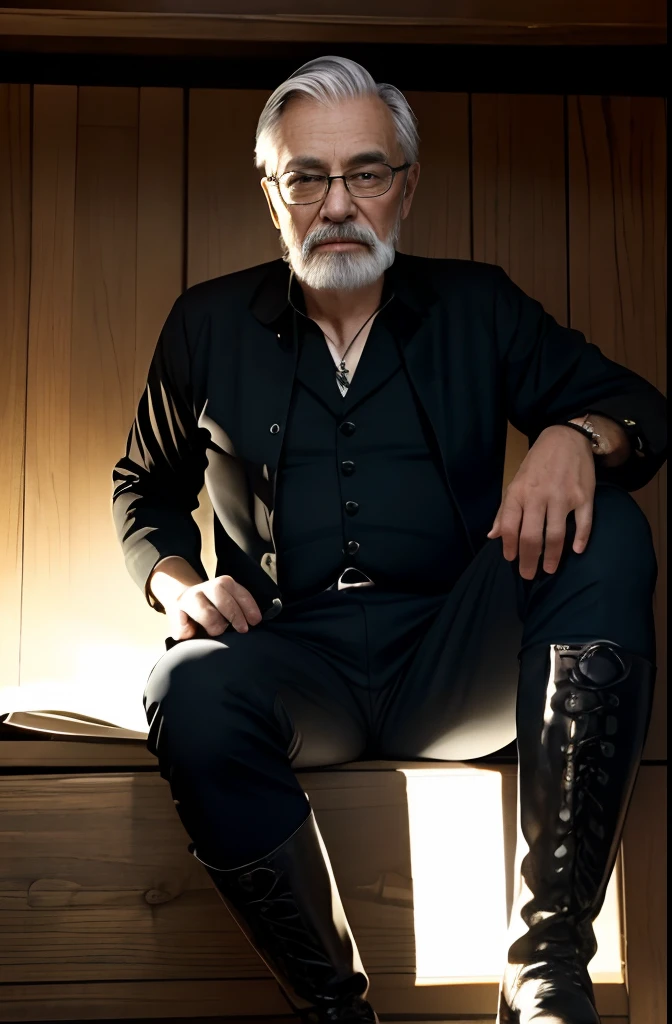 with a goatee,Old gentleman in black riding boots,Show off his boots,The light source is in the upper left corner。