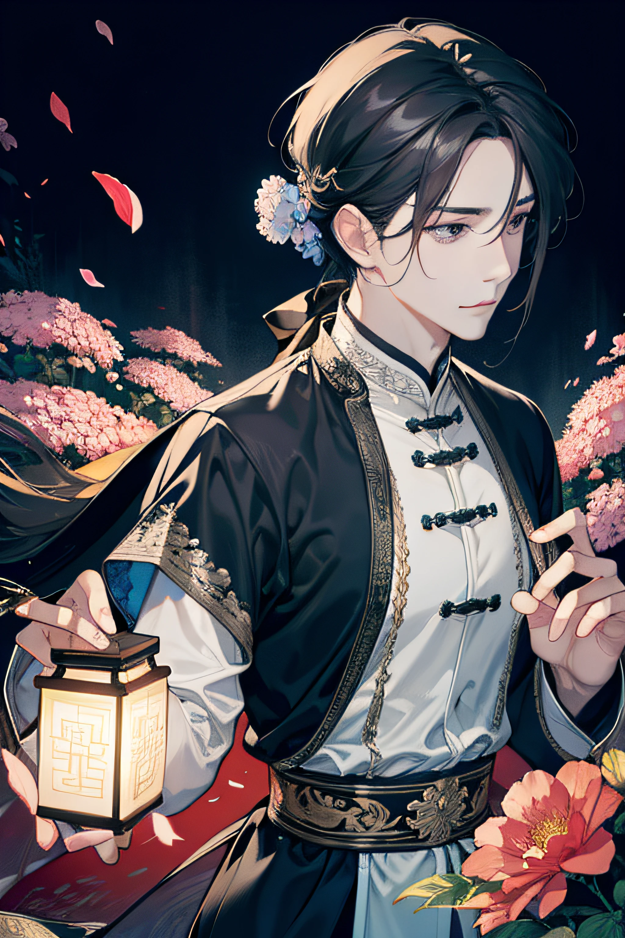 (hoang lap,A high resolution,ultra - detailed),1male people,AS-Adult,Handsome,Tall muscular man,a broad shouldered,Delicate gray eyes,Long brown hair(1.3),long whitr hair,fanciful,Intricate patterns,详细的脸,inn,Lanterns,best ratio four finger and one thumb,florals,petals,ssmile,(Dutch angle),Keep one's mouth shut