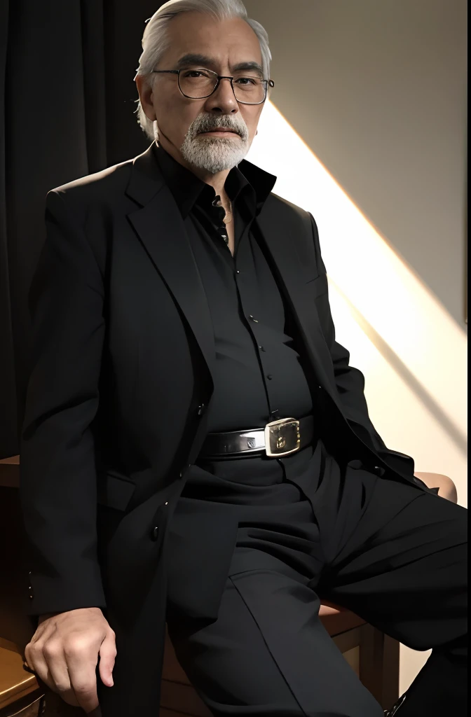 with a goatee,Old gentleman in black riding boots,Show off his boots,The light source is in the upper left corner。