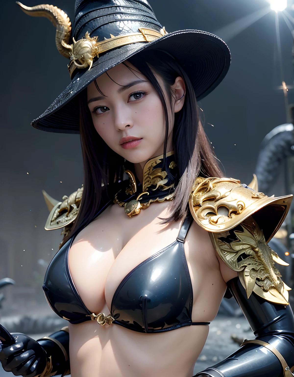 ((World of Darkness)),Professional , masterpiece、top-quality、photos realistic , depth of fields 、(((Fight dragons))),(Dragon Black Metal Body:1.9),(Latex Blue、(cleavage of the breast),(Fight dragons)、、(((Particles of light))),(Micro Bikini Armor:1.7),Gorgeous gold weapons ,(Fight dragons)、Seductive look、The face of the dragon is out、(blood splattere、Armpit、((((With a magic wand))), ) , (((Wearing a black latex wizard hat))),(demonic wings) ,((a blond))、(Castle background)、((Gangle's forest background))、Beautiful Caucasian beauty、1a person、Armpit、dynamic ungle,(((Detailed Gold Dragon Wizard Hat)))、Smaller head、A smile、Castle background、Thin and beautiful female hands、cleavage of the breast、Soldier in iron armor on background、Mystical expression、Light Effects、intense fighting、Wind-effect、magic circles、With the legendary magic wand、Dragon's tail、explosions、Toostock、Toostock、(Beautuful Women),