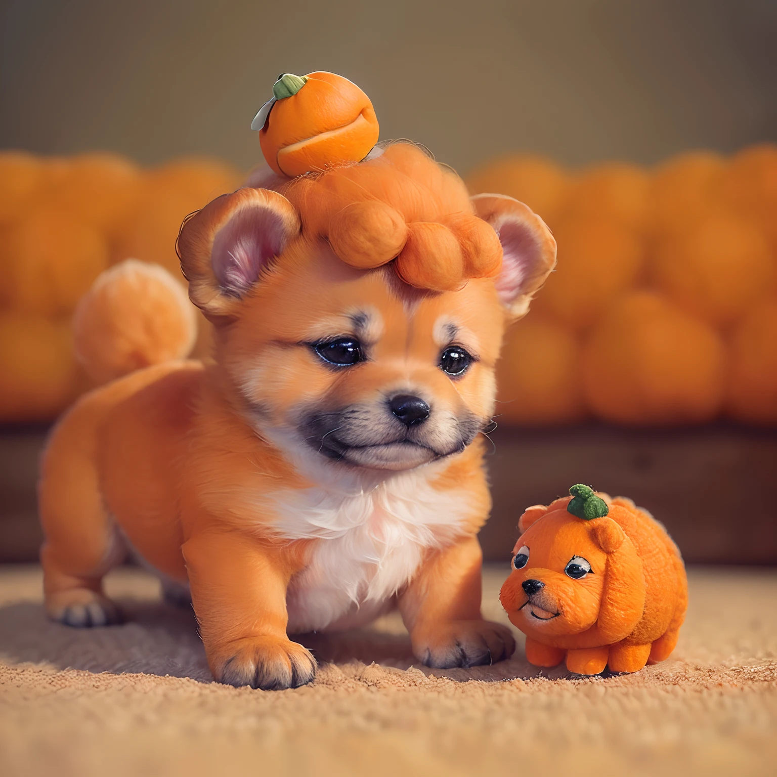 (High quality, Best Quality, hight resolution, in 8K), Woolfelt, ((Put an orange on the head of the animal、Place the puppy face down on his head:1.3), a Dog), Animal Styles by Disney, clean back ground, Needle Felt, Felt Artwork, Super Cute, 3d rendered, (Tilt-Shift:1.4),