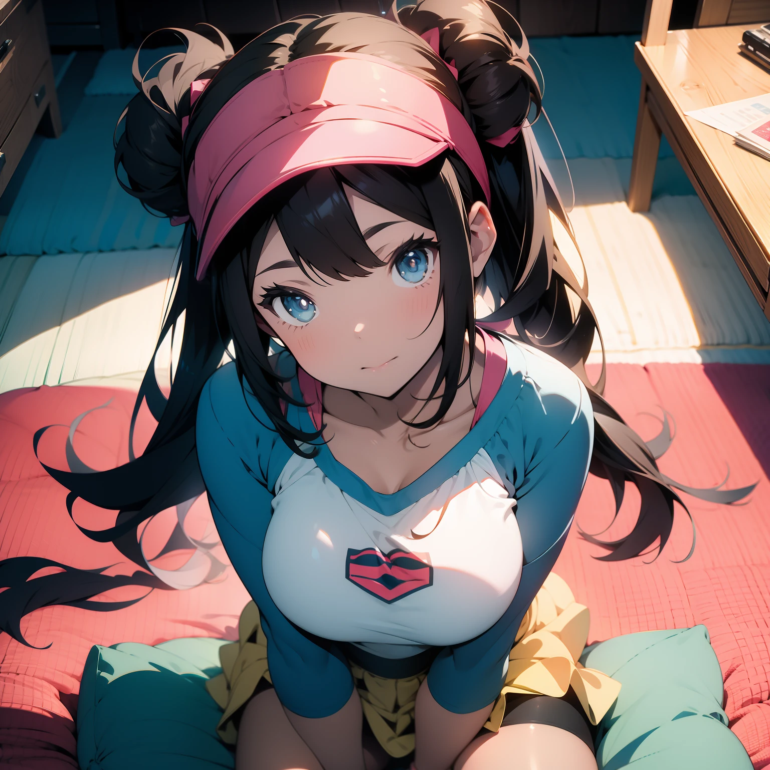 masterpiece, best quality, full-body shot, ro1, hug, hair bun, blue eyes, twintails, visor cap, pantyhose, raglan sleeves, yellow skirt, crop-top, pink bow, wristwatch, (colorful), volumatic light, bust shot, extremely detailed CG unity 8k wallpaper,intricate, indoors, lying down in bed, big chest, cleavage, full body chest, Grab your own breasts, One girl, masturbation from below, sitting on the floor, Grab your own breasts, Spread your legs, Raise your legs, pink panties